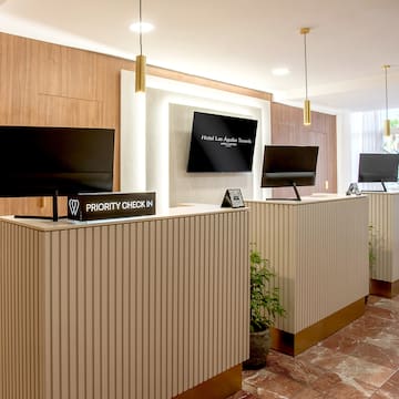 a reception desks with computers