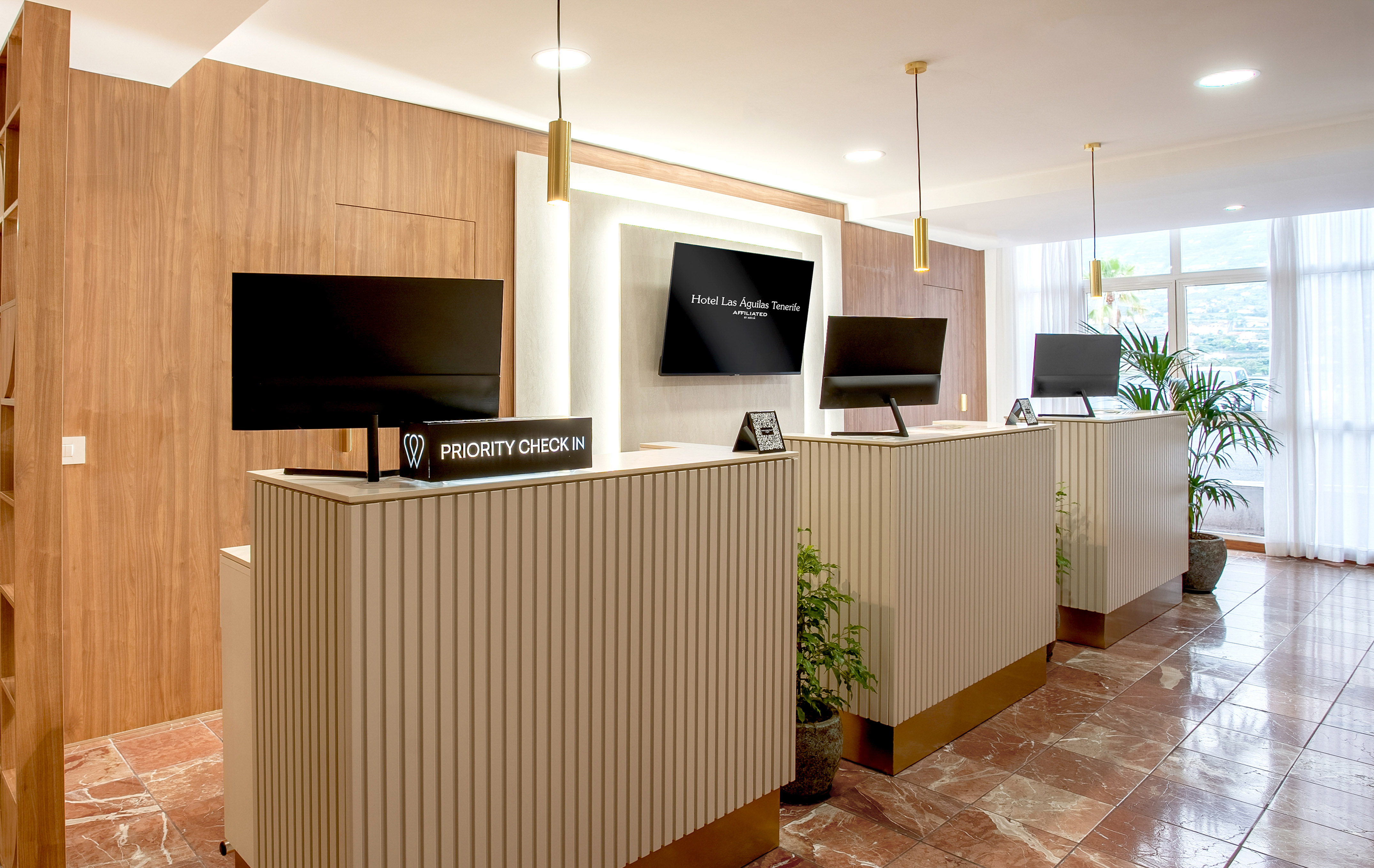 a reception desks with computers