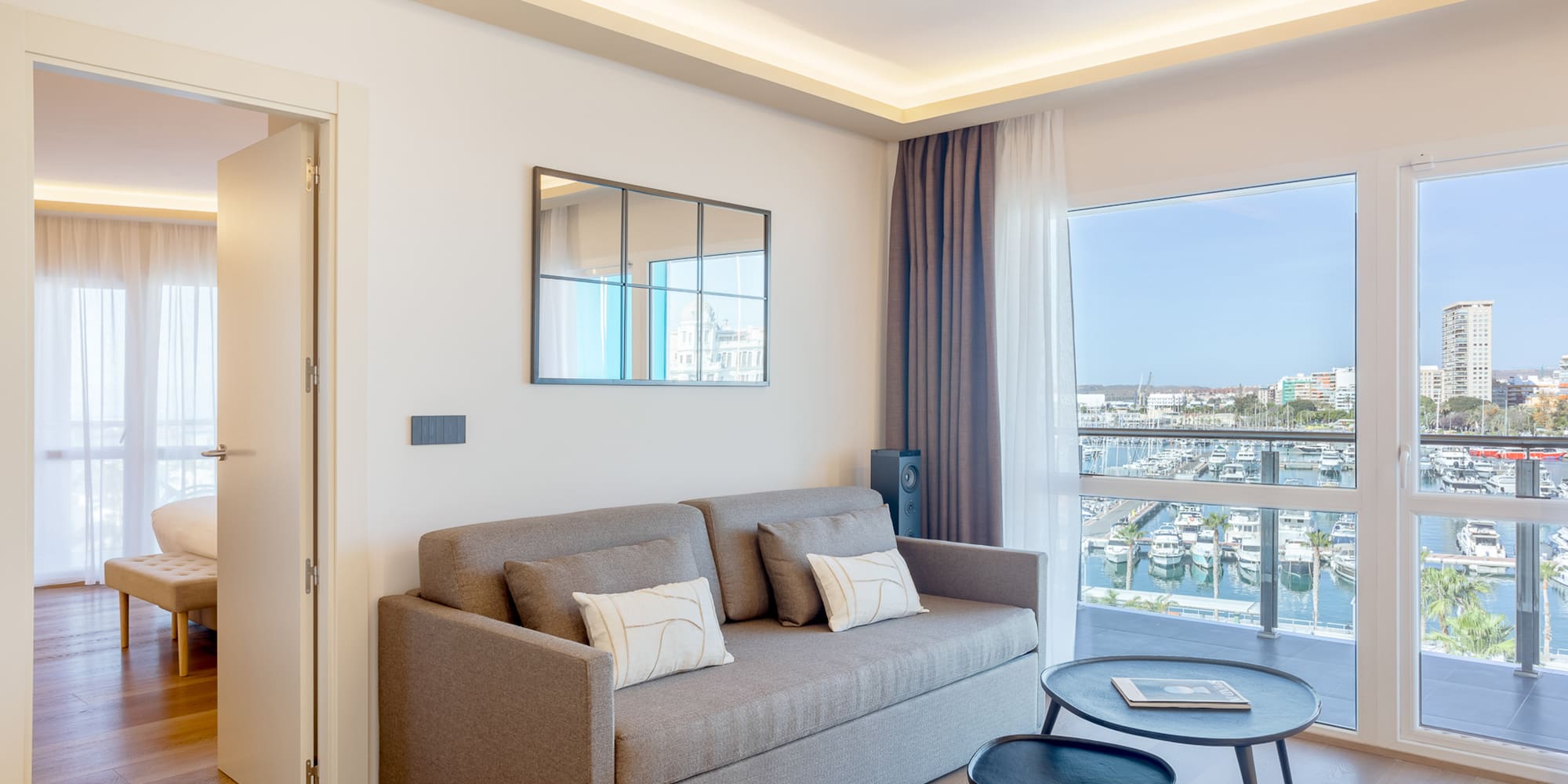 a living room with a couch and a table