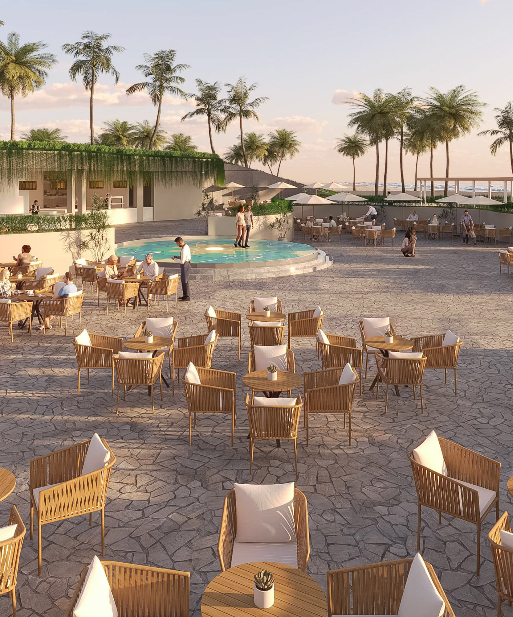 a group of people sitting at tables and chairs outside