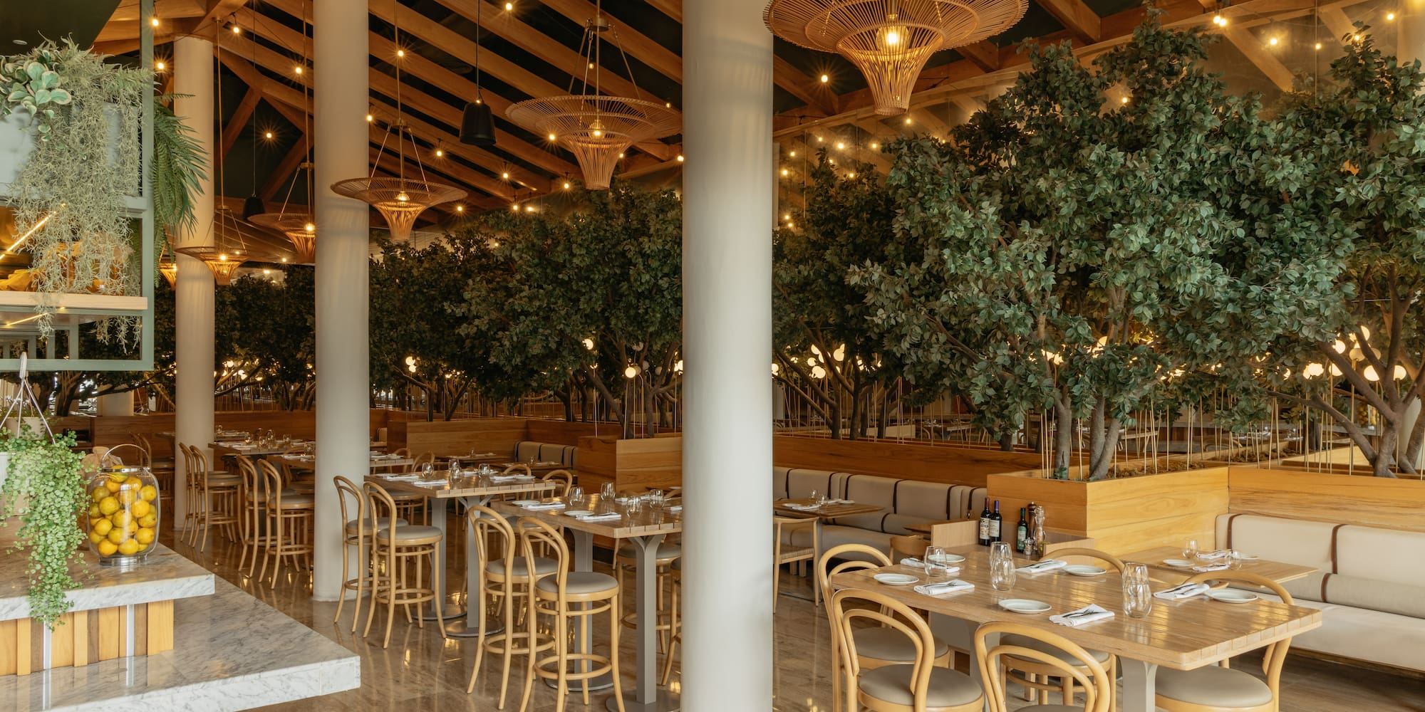 Modern restaurant interior with indoor trees, warm lighting, and elegant dining.