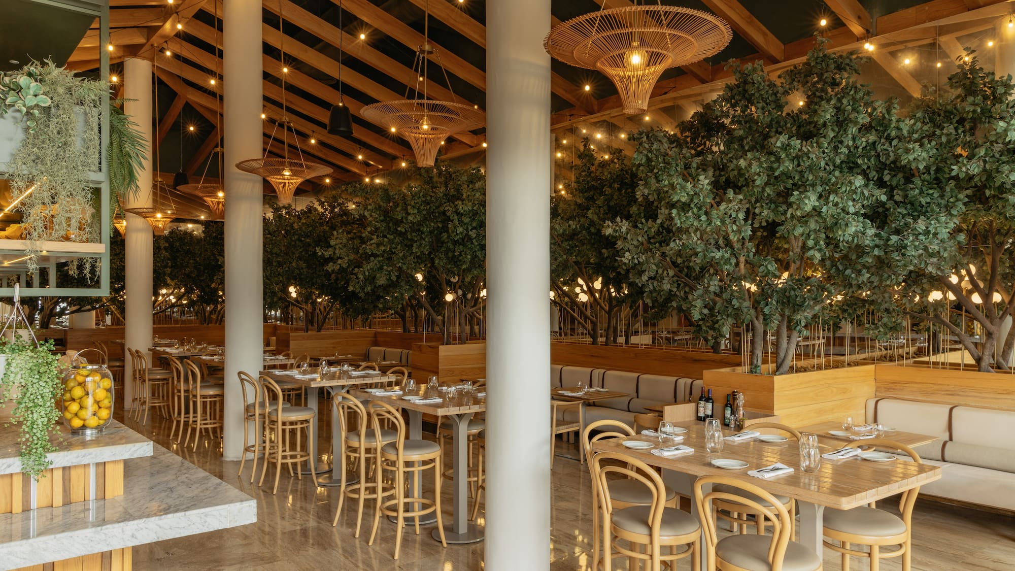 Modern restaurant interior with indoor trees, warm lighting, and elegant dining.