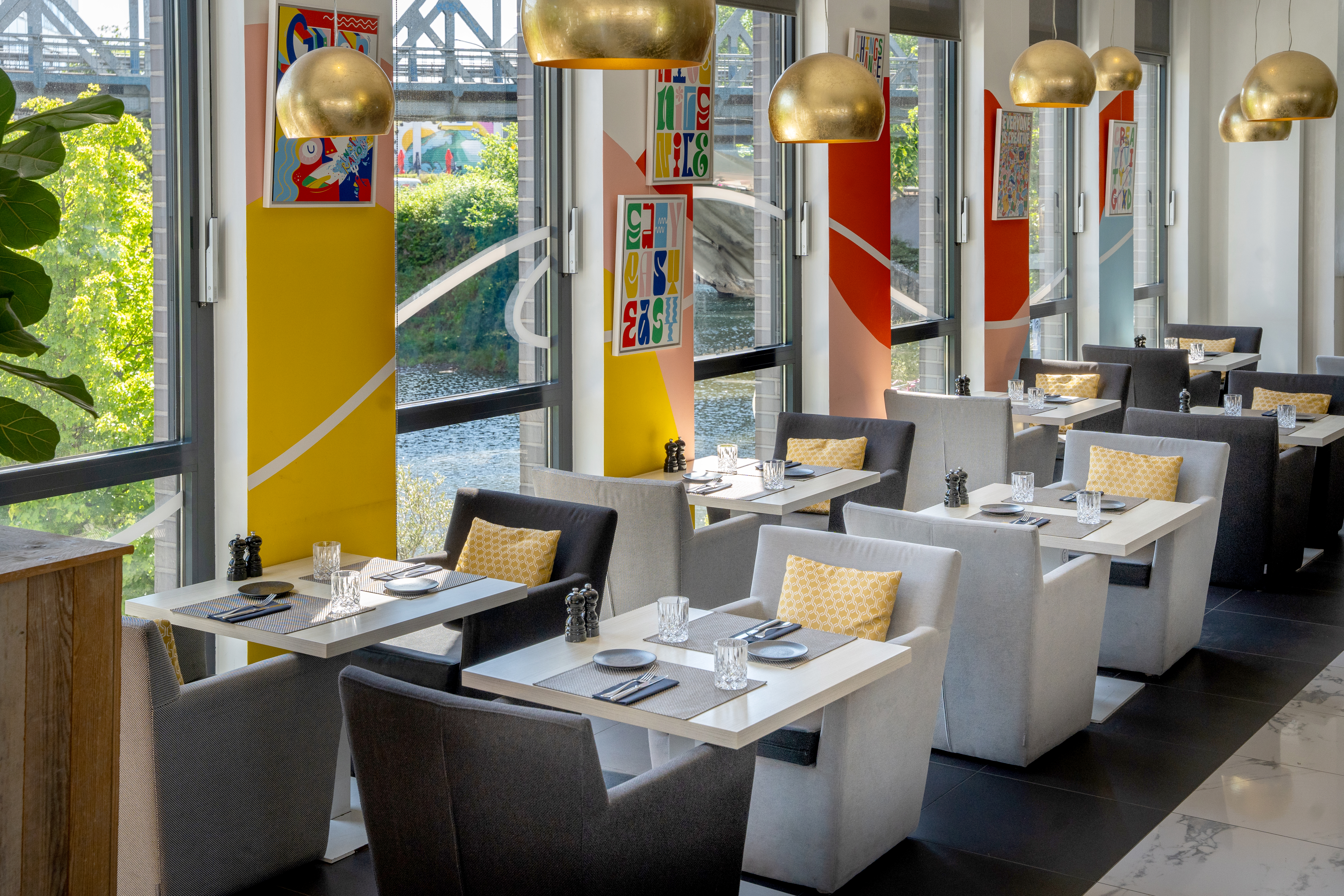 a room with tables and chairs