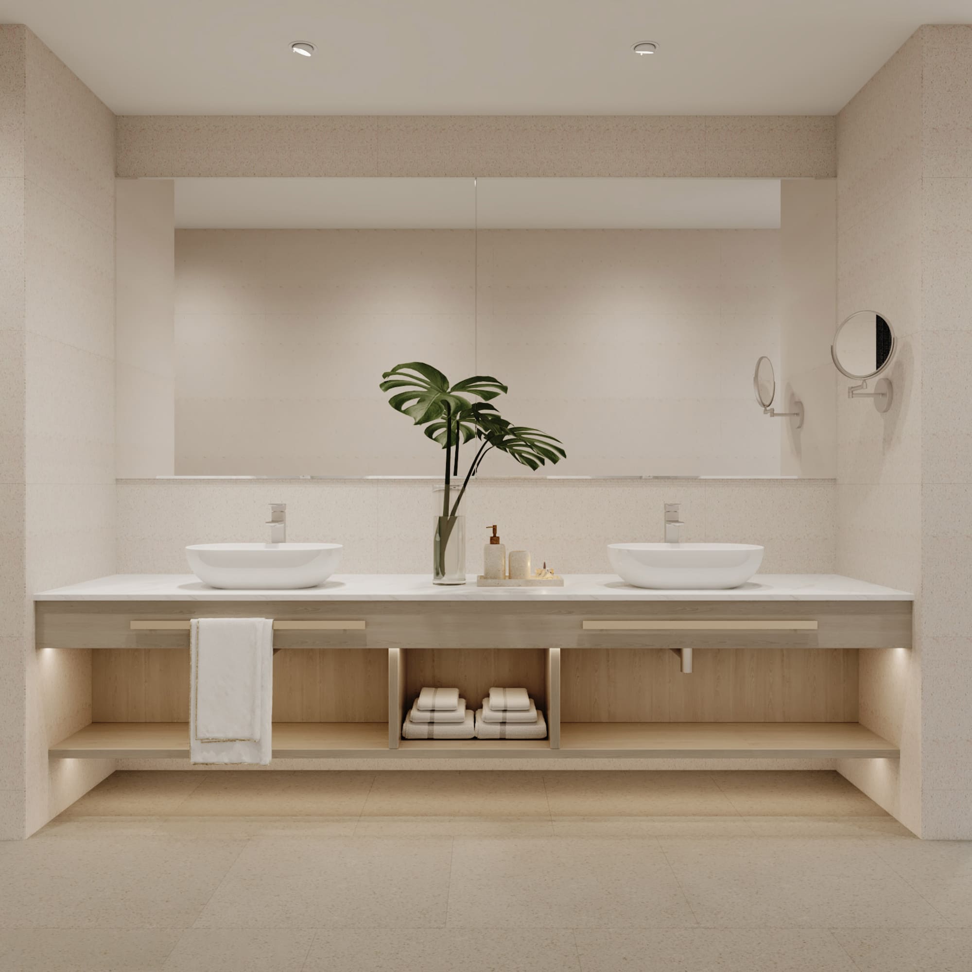 a bathroom with a plant on the counter