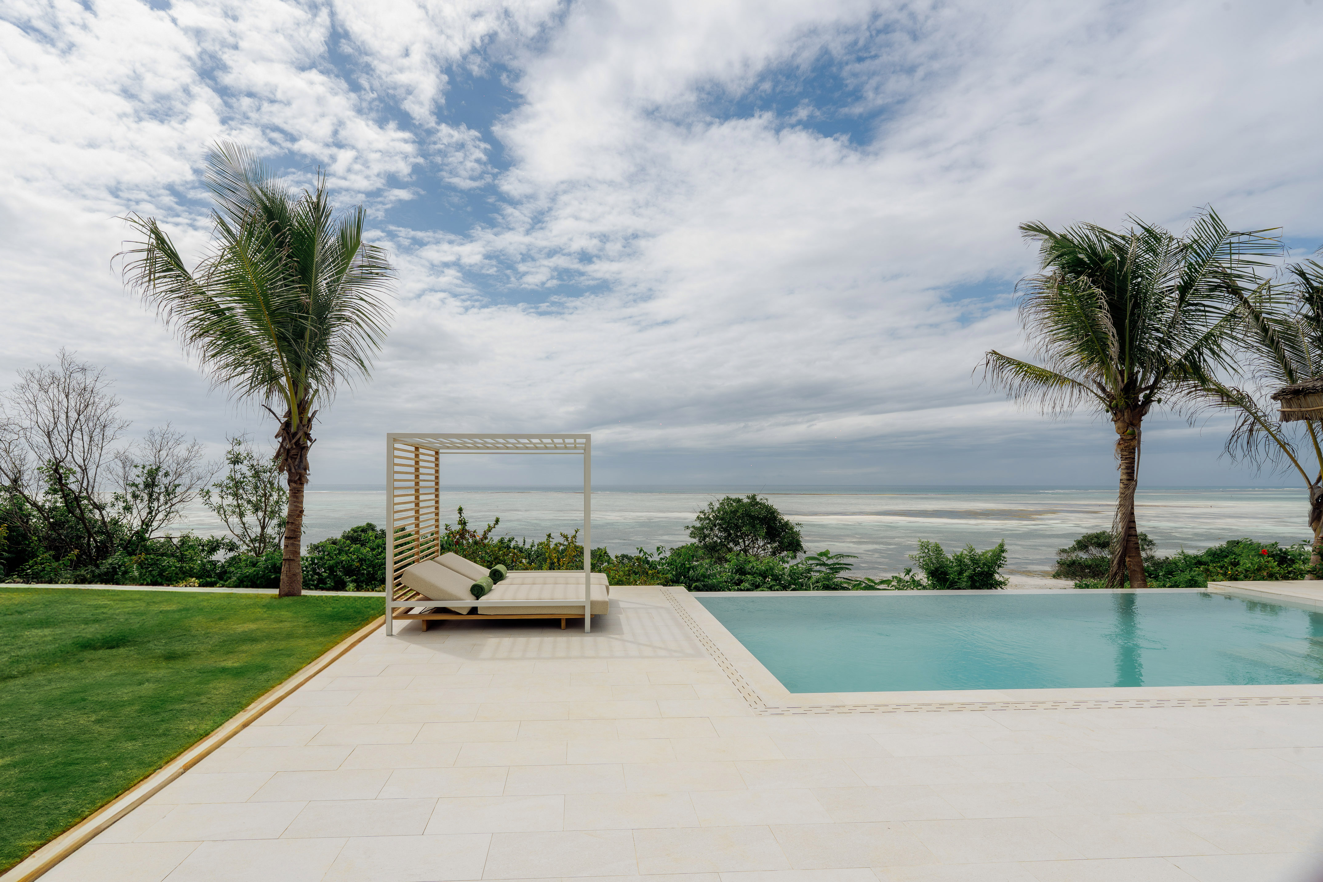Luxury tropical infinity pool, ocean view, palm trees, and daybed.
