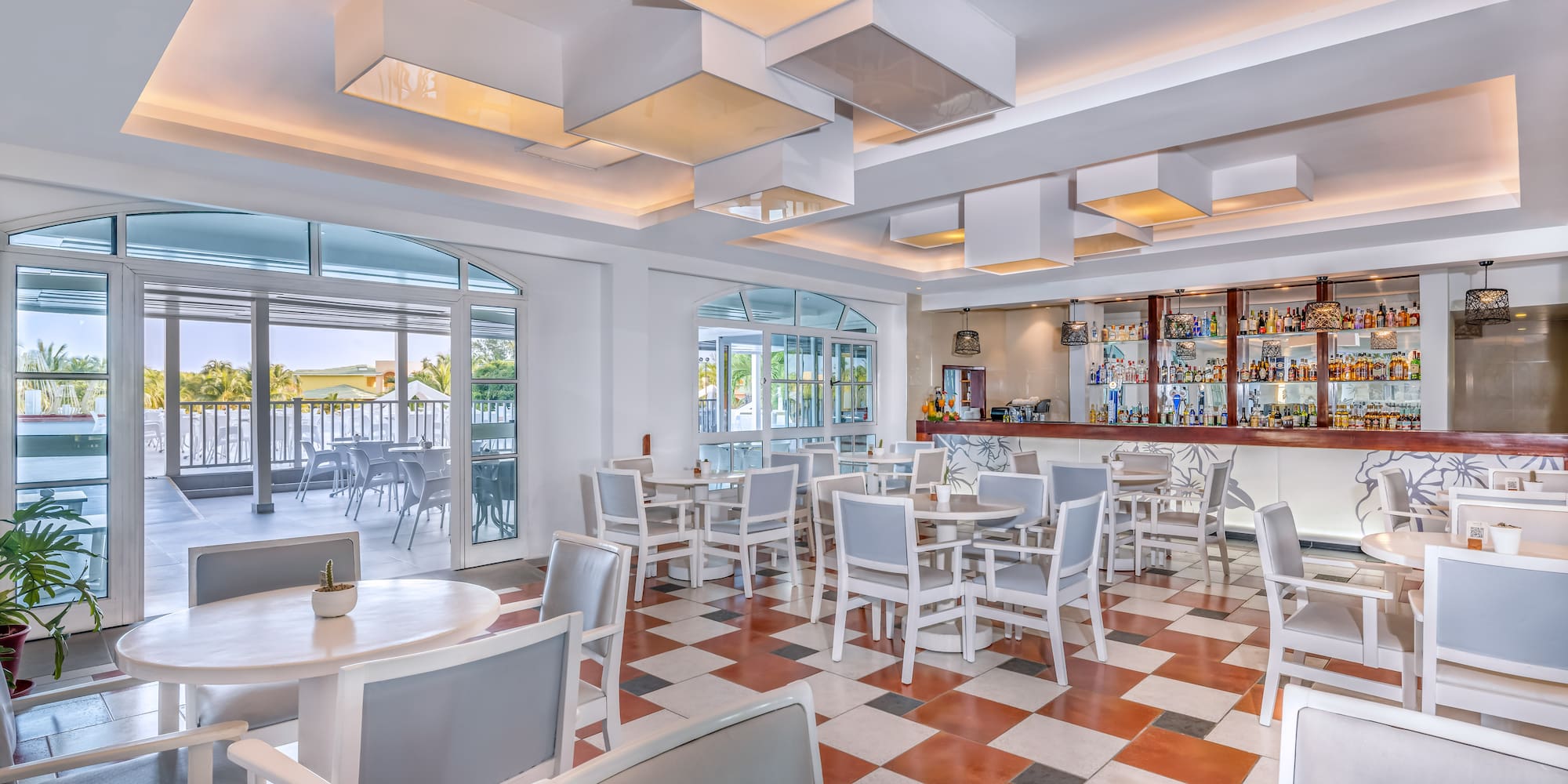 a room with tables and chairs