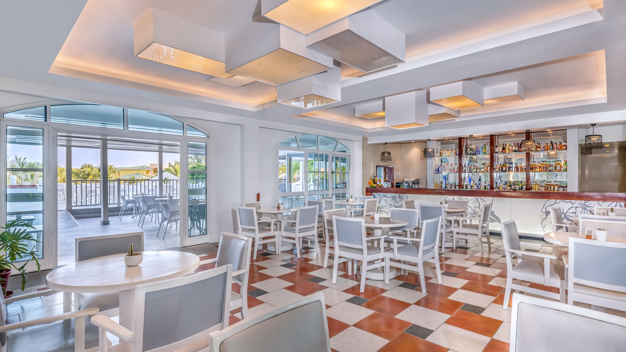 a room with tables and chairs