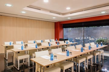 a room with tables and chairs