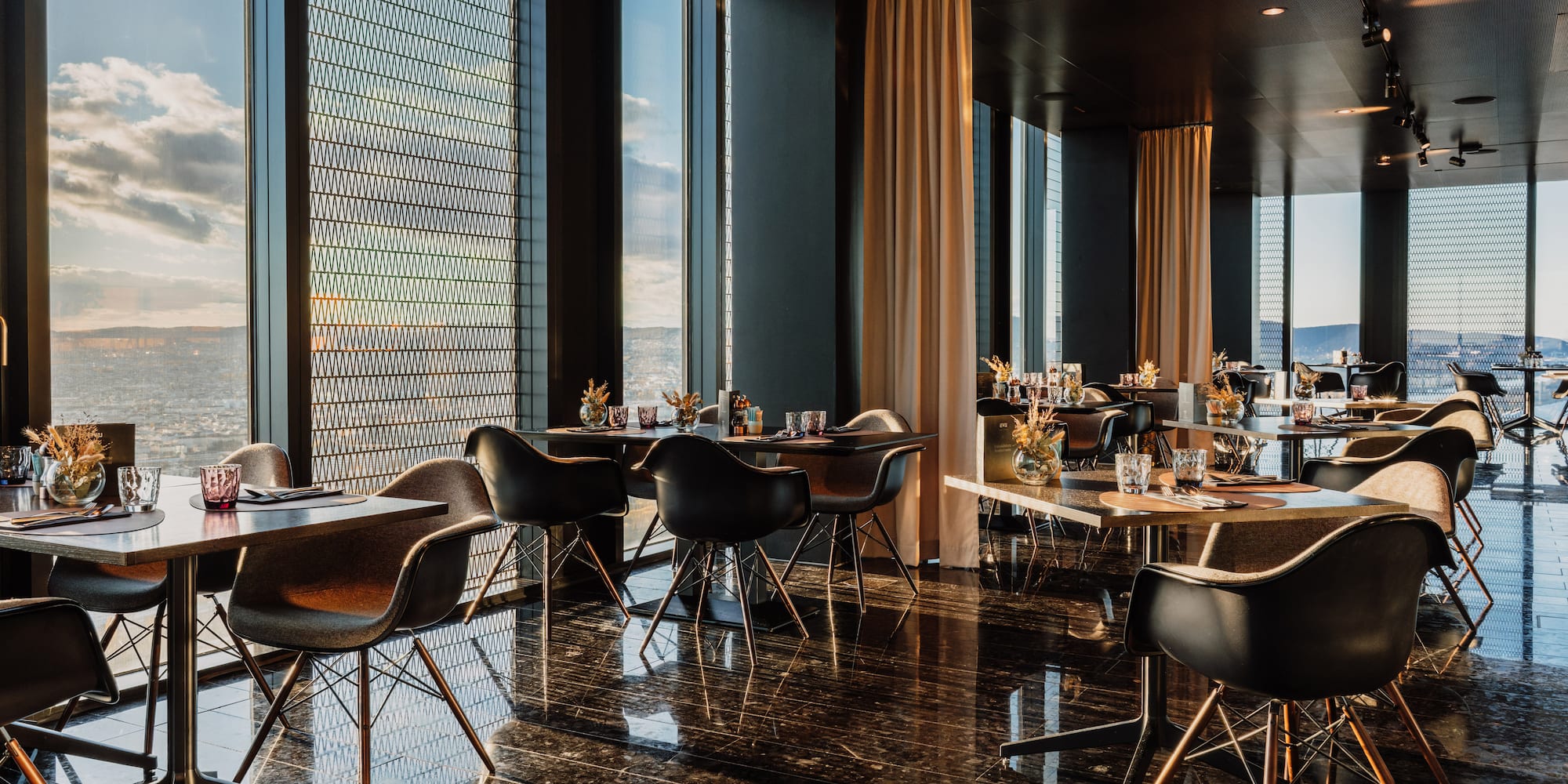 a room with tables and chairs