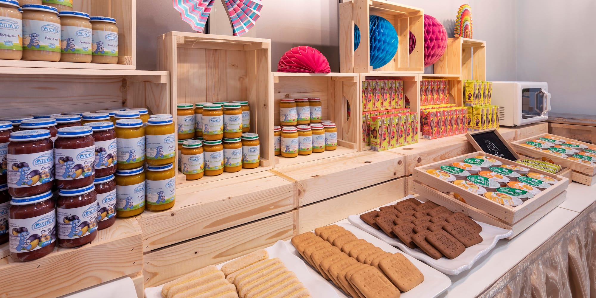a display of food on shelves