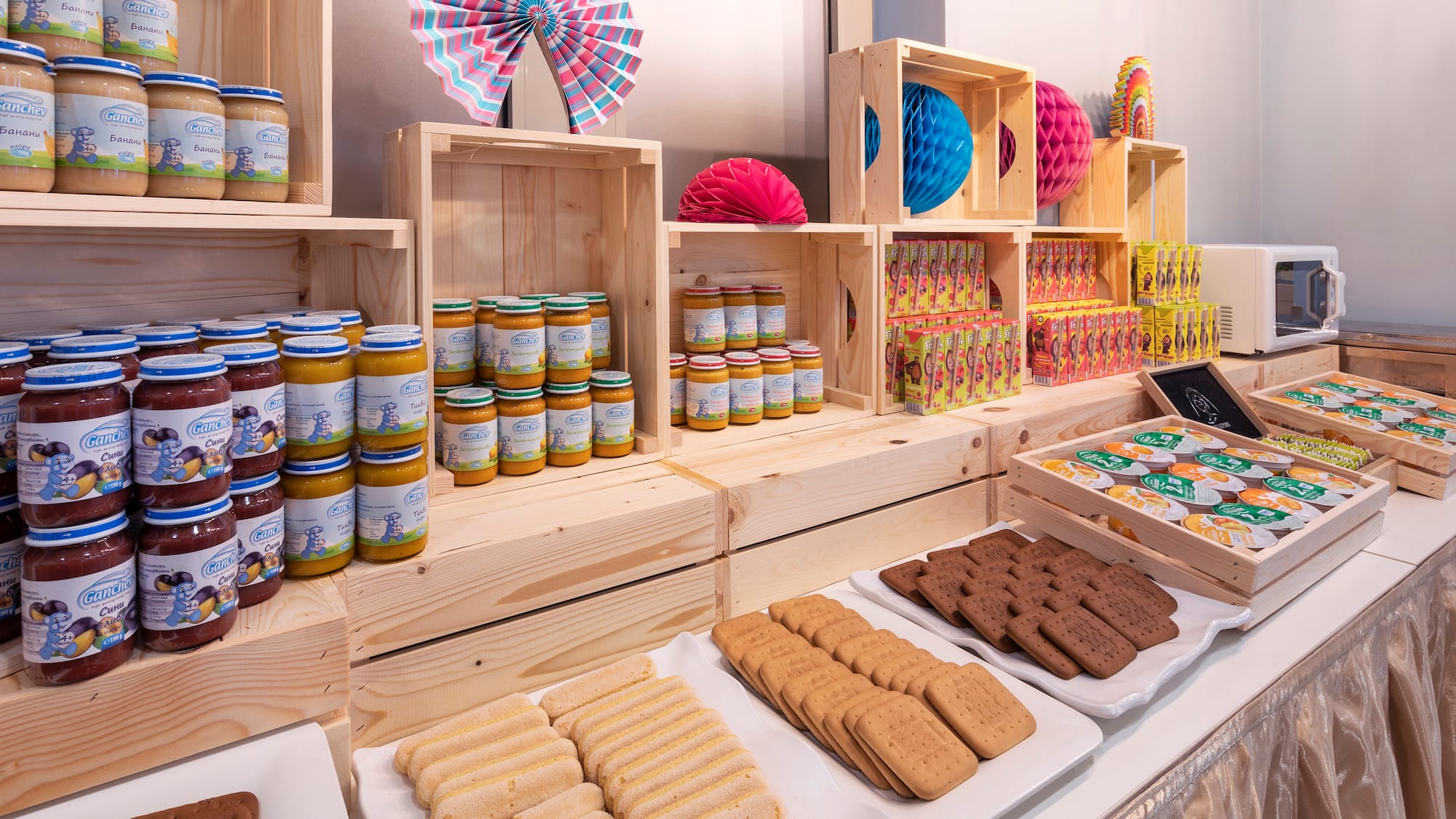 a display of food on shelves