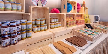 a display of food on shelves