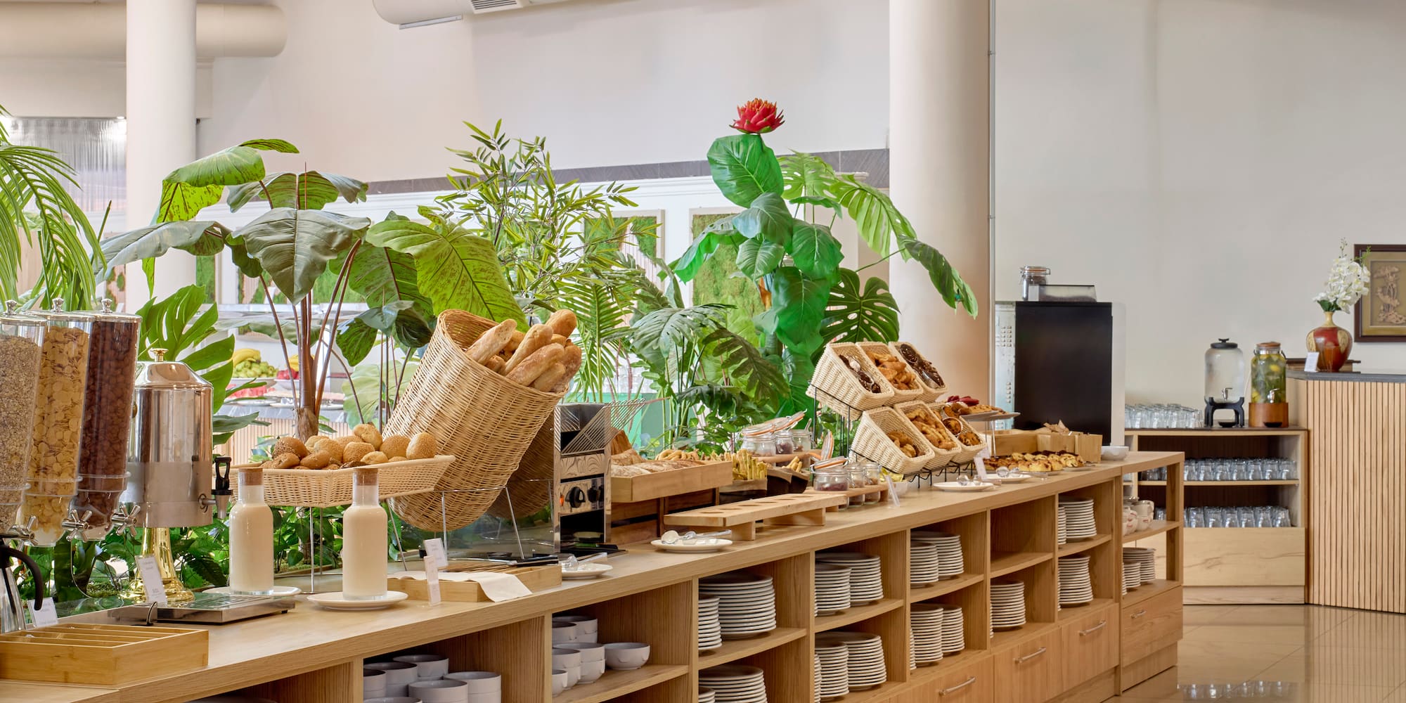 a buffet with food on shelves