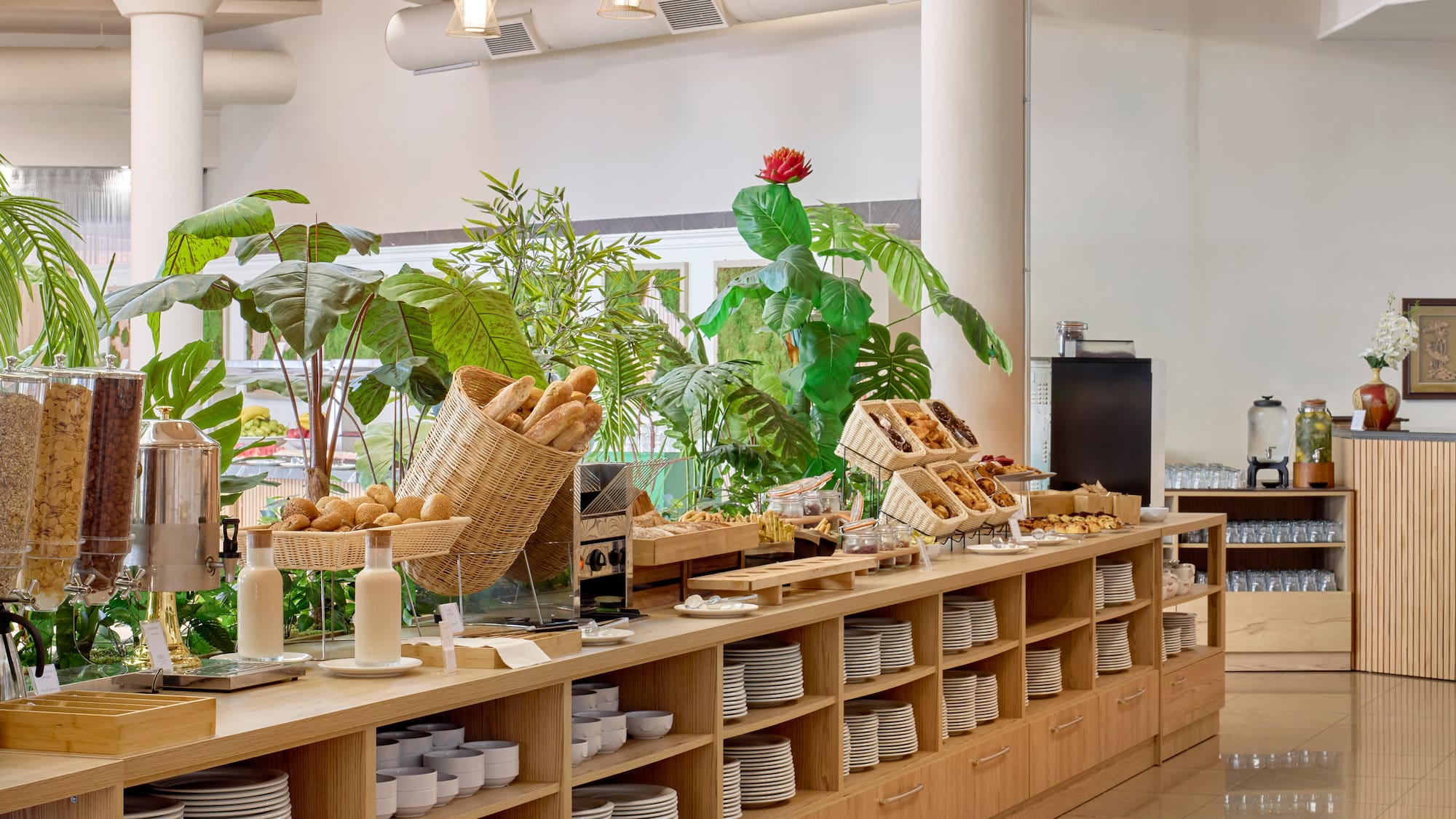 a buffet with food on shelves