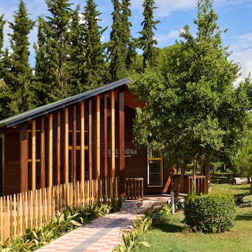 a house with a fence and trees