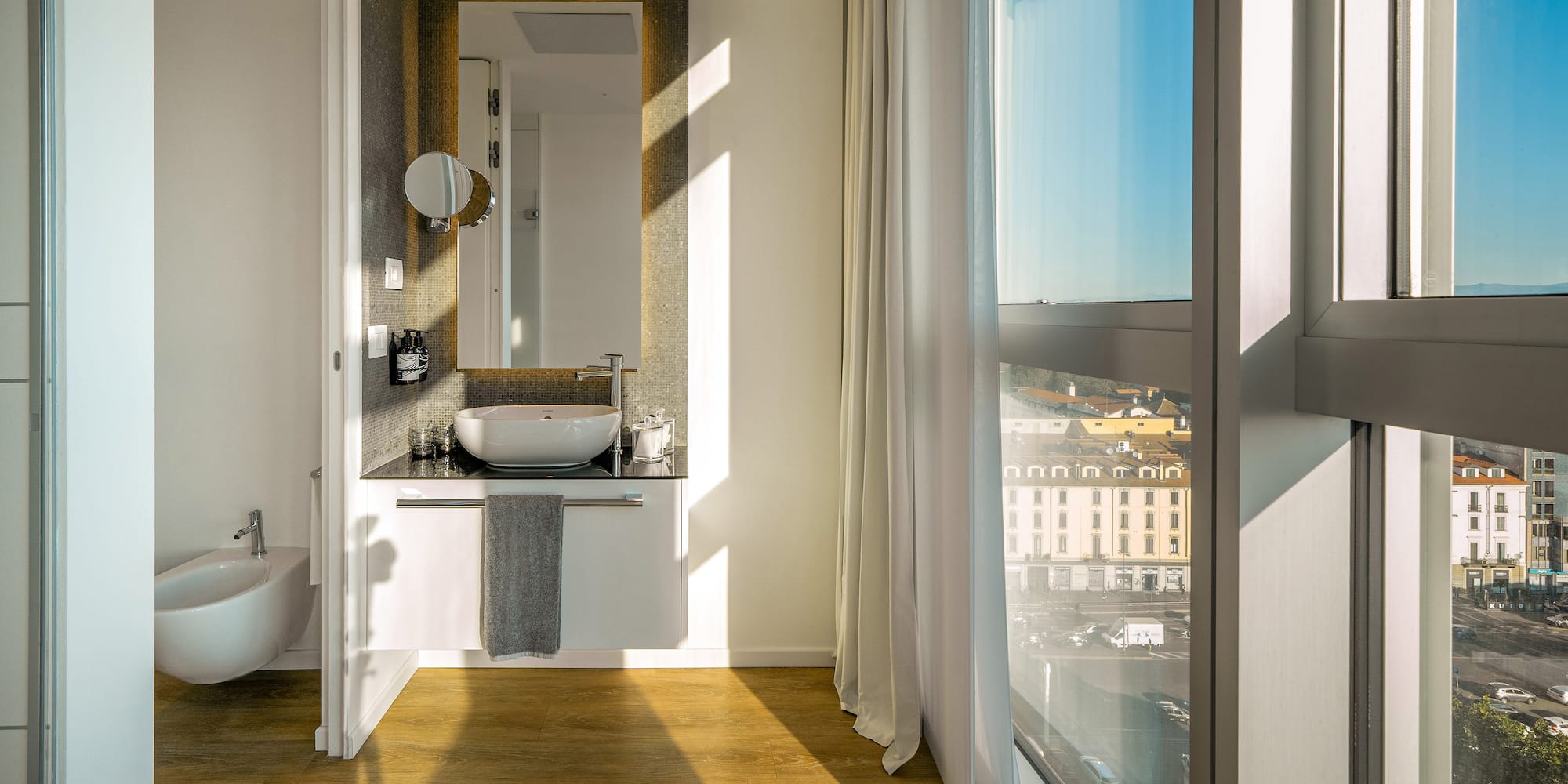 a bathroom with a large window