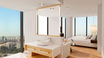a bathroom with a large mirror