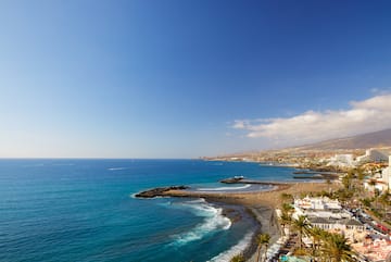 a beach with buildings and palm trees