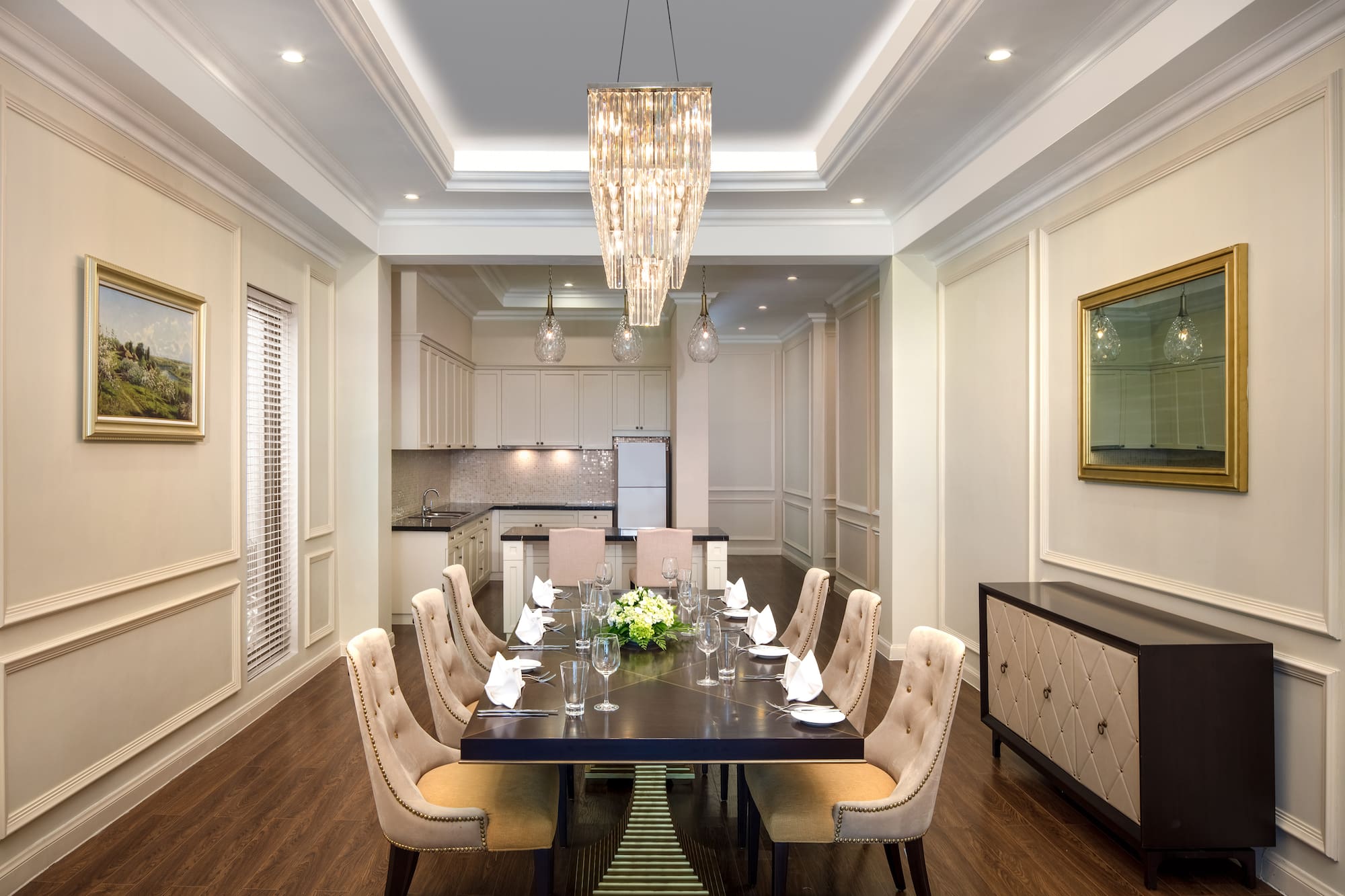 a dining room with a table and chairs