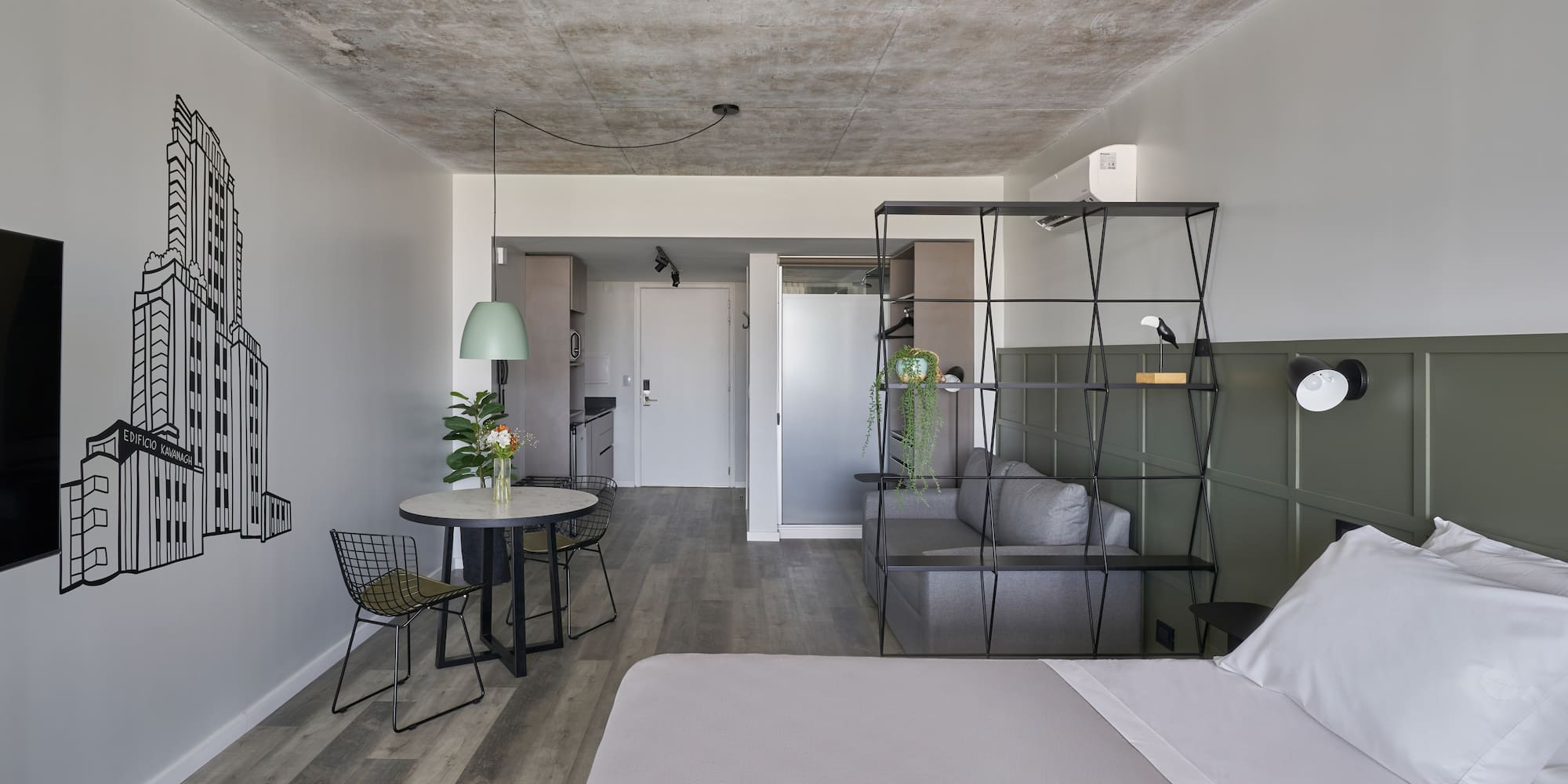 a room with a bed and a table