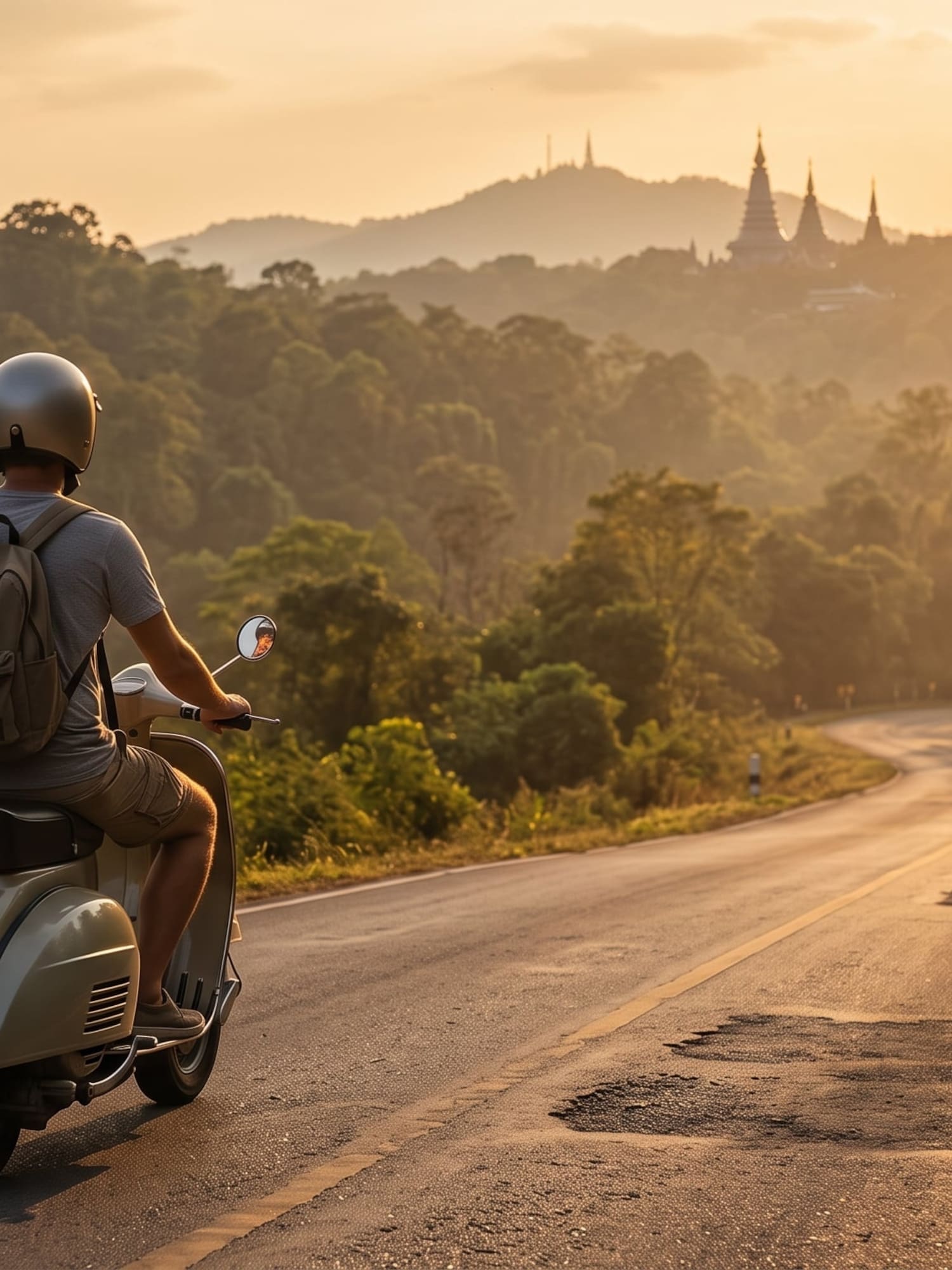 Sunset scooter ride on winding mountain road, distant temples.