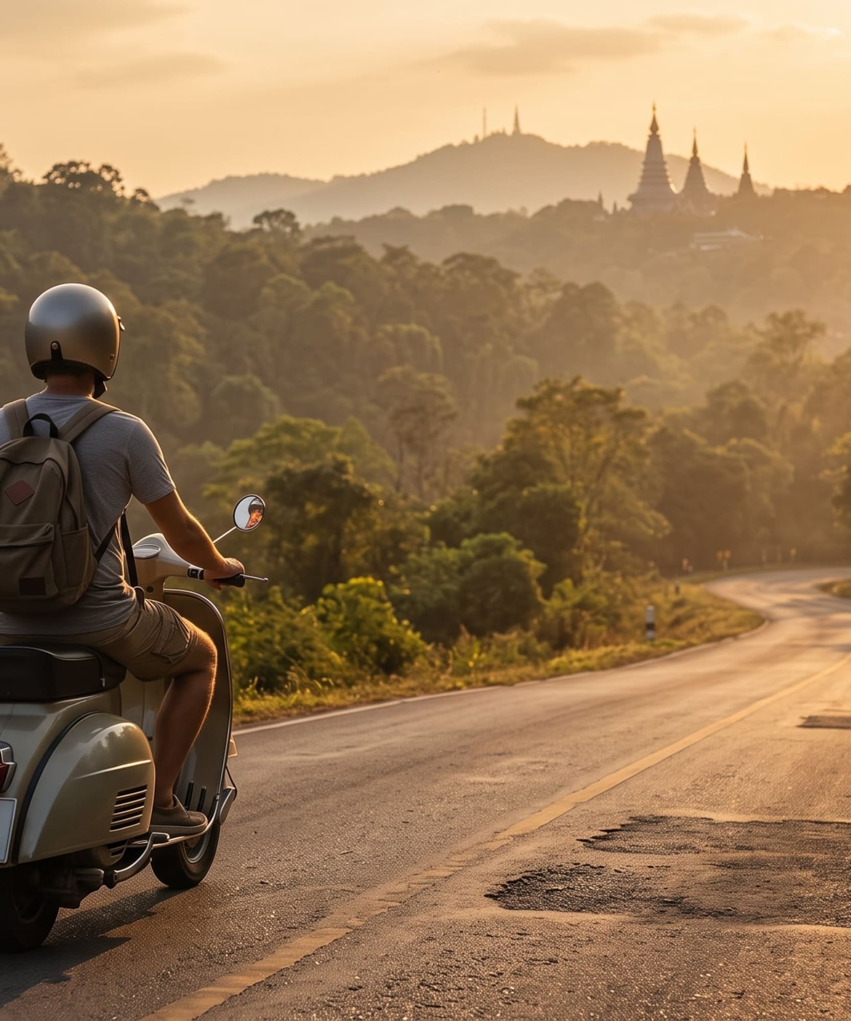 Sunset scooter ride on winding mountain road, distant temples.