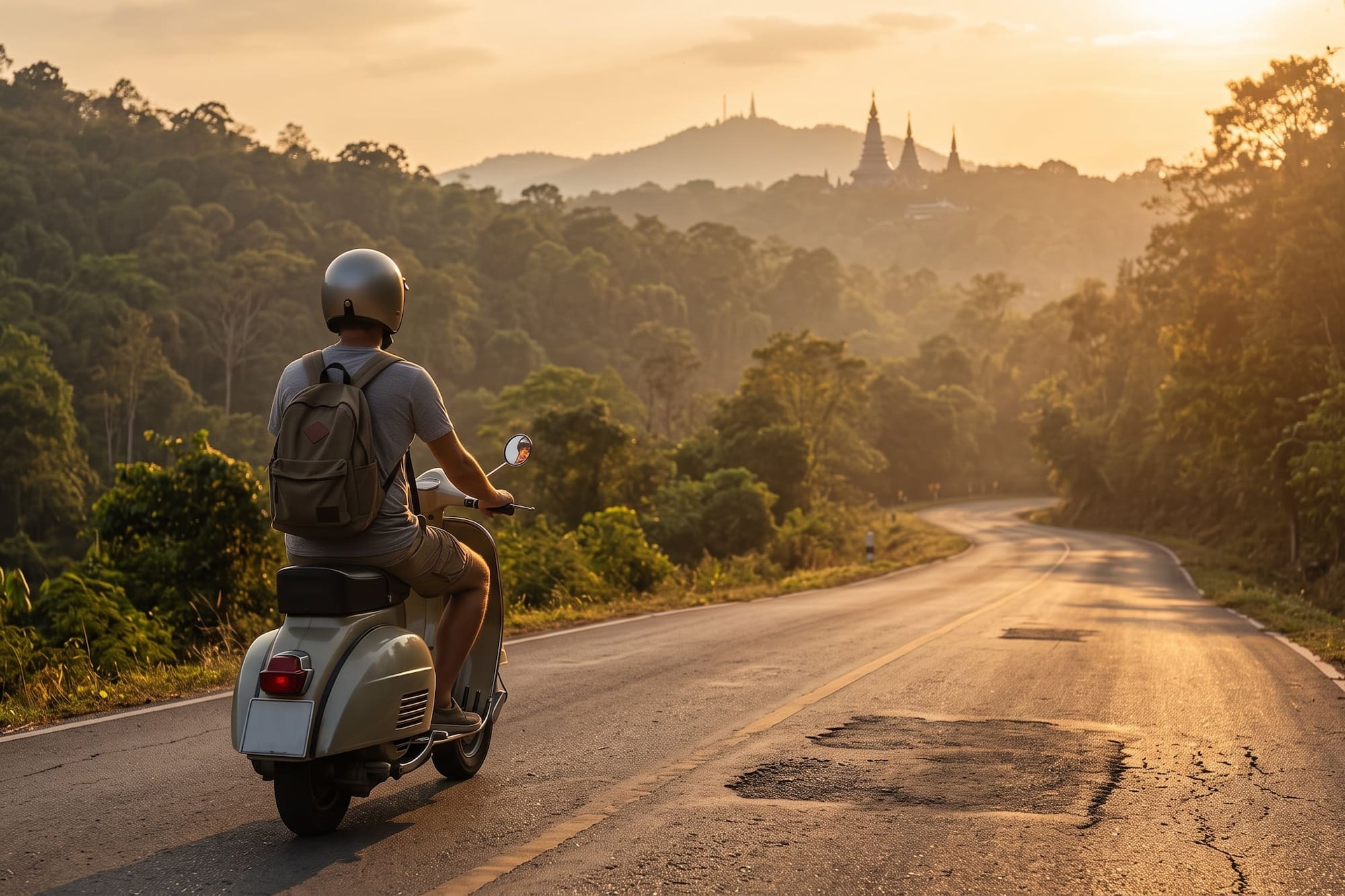 Sunset scooter ride on winding mountain road, distant temples.