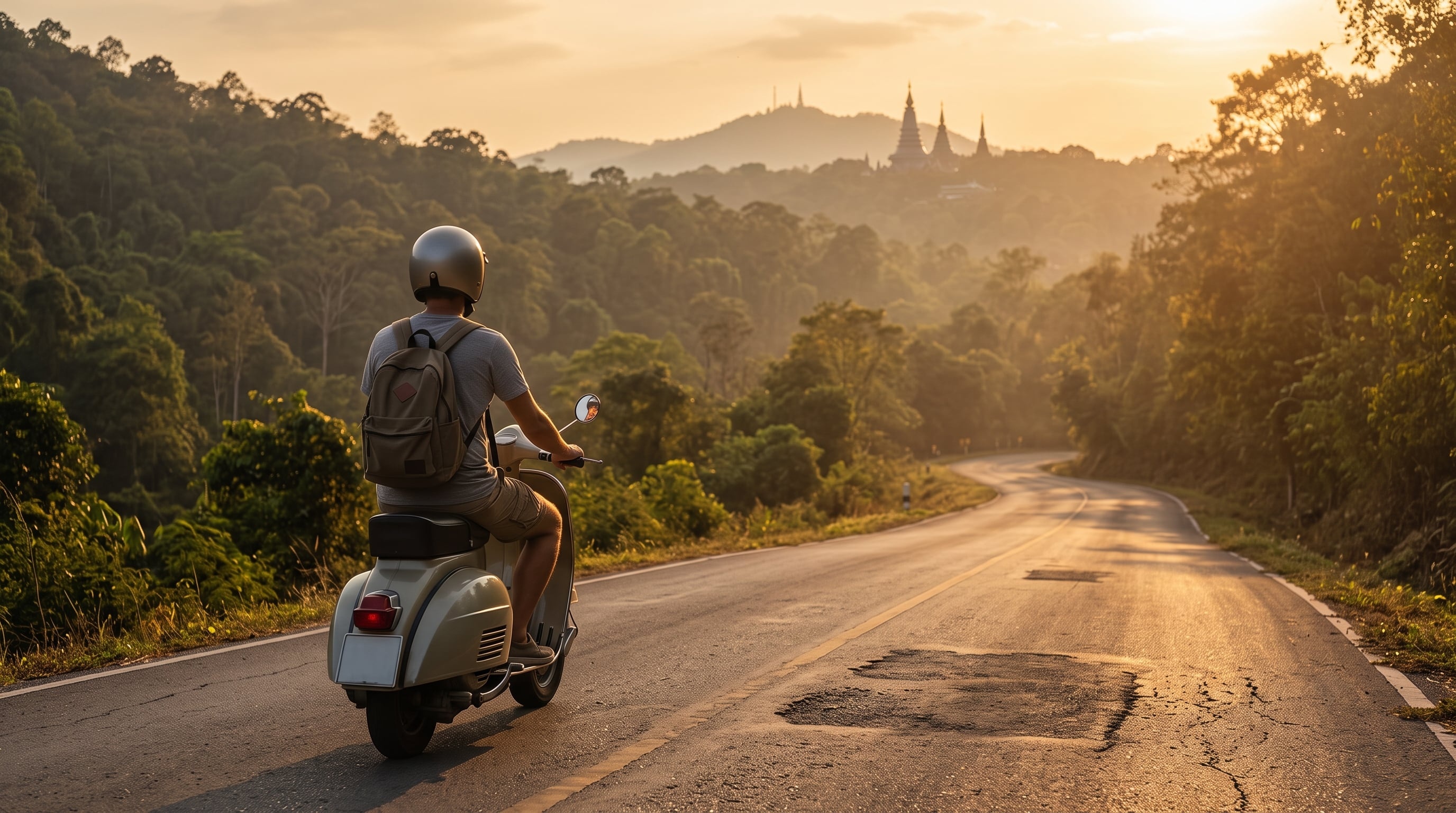 Sunset scooter ride on winding mountain road, distant temples.