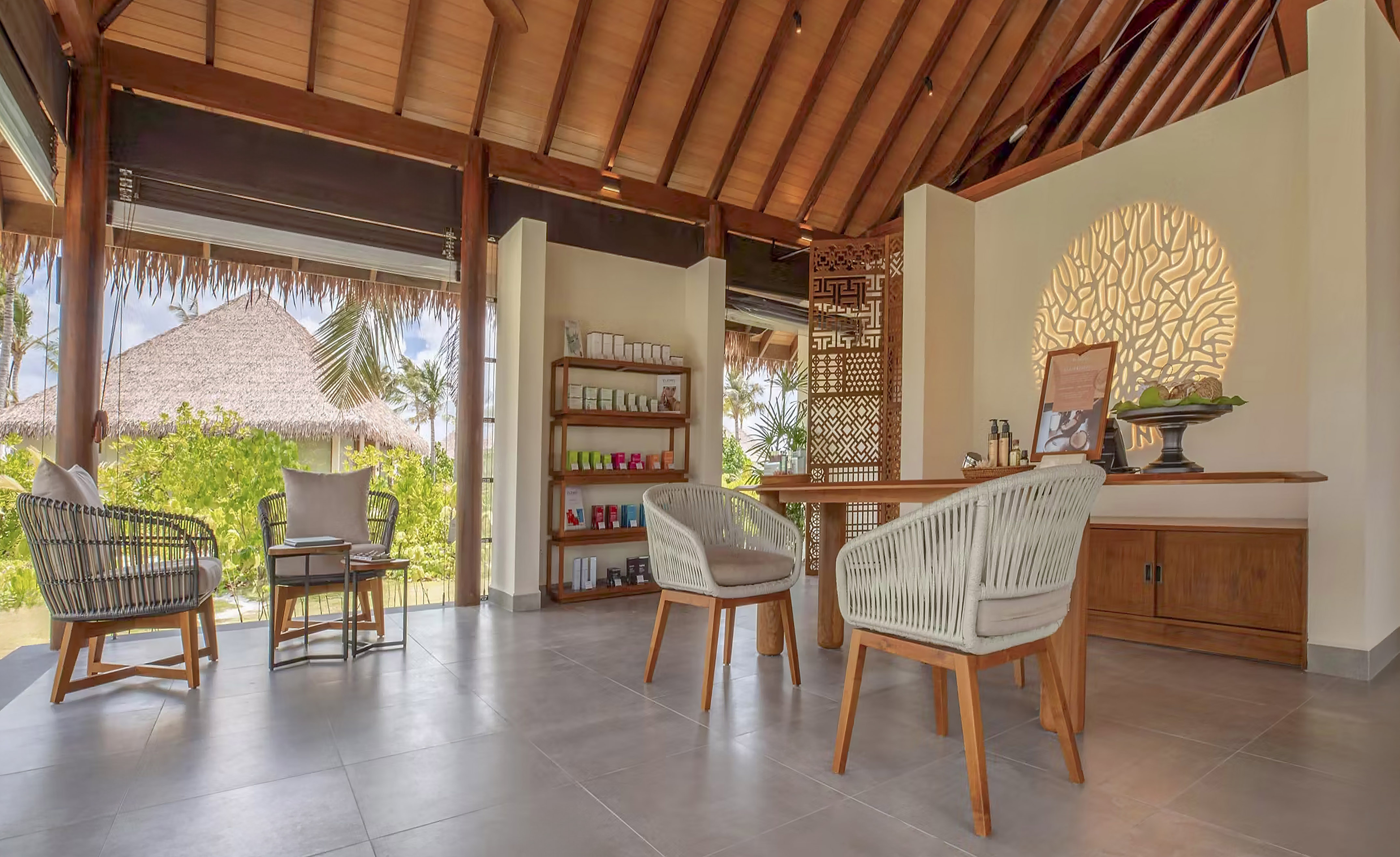 a room with a table and chairs