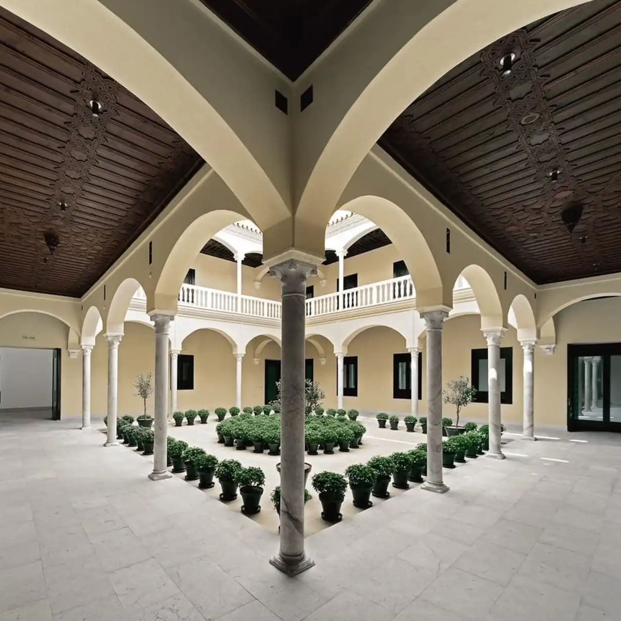 a courtyard with plants in it