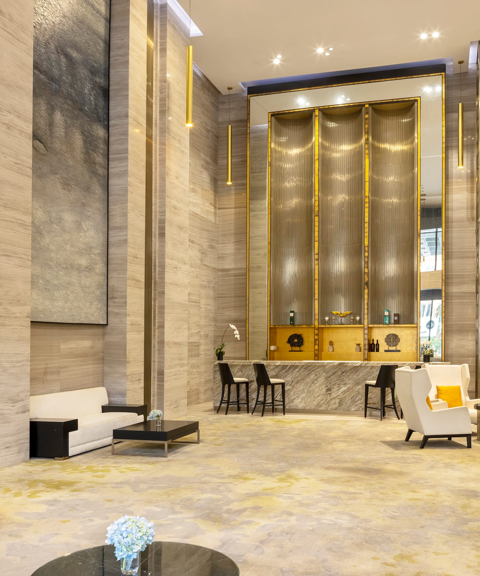 a lobby with a large elevator door