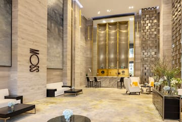 a lobby with a large elevator door