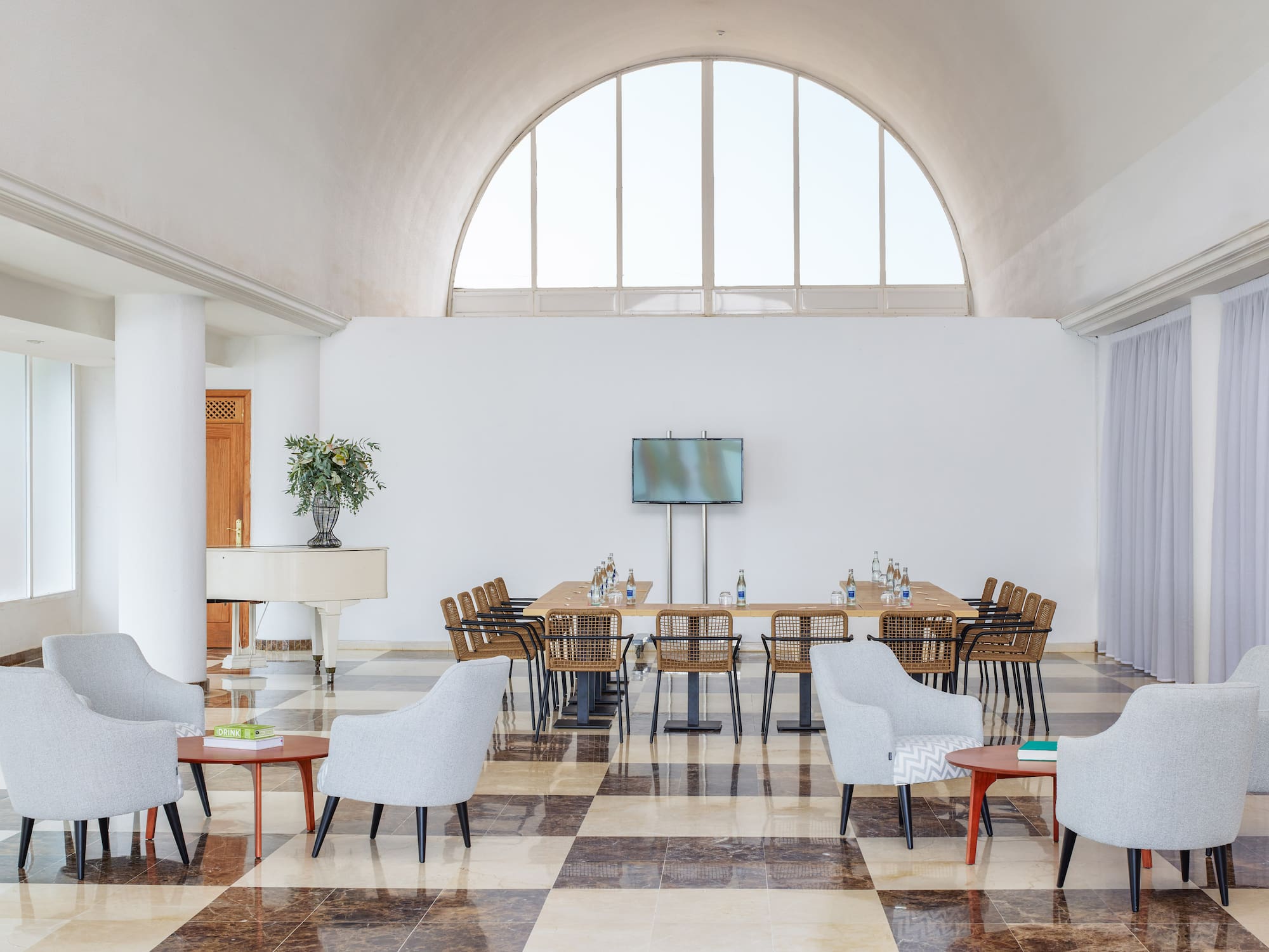 a room with a table and chairs