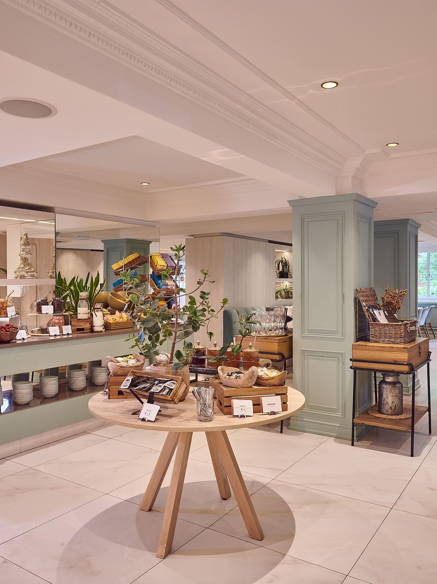 a room with a table with food on it