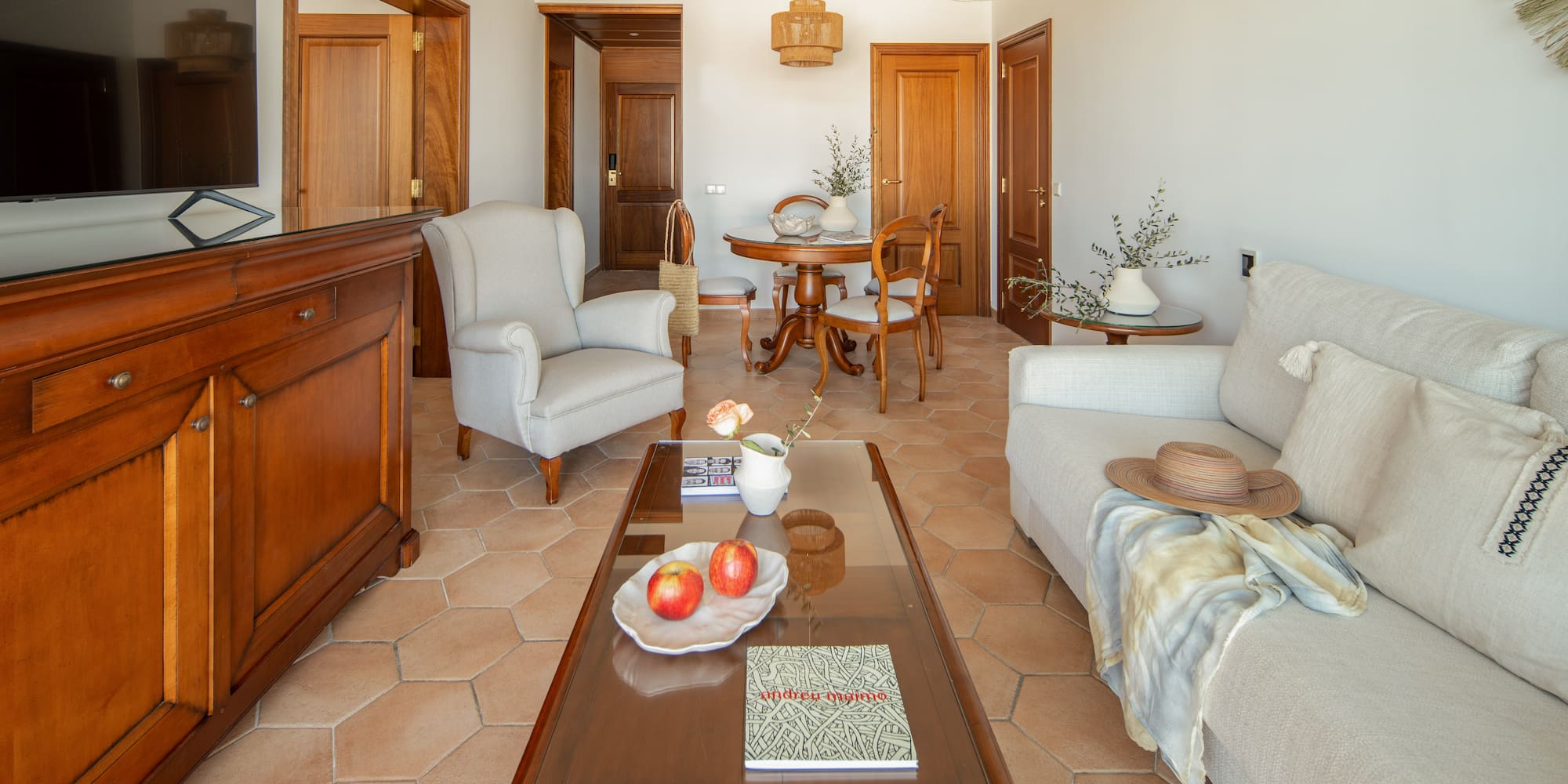 a living room with a coffee table and furniture