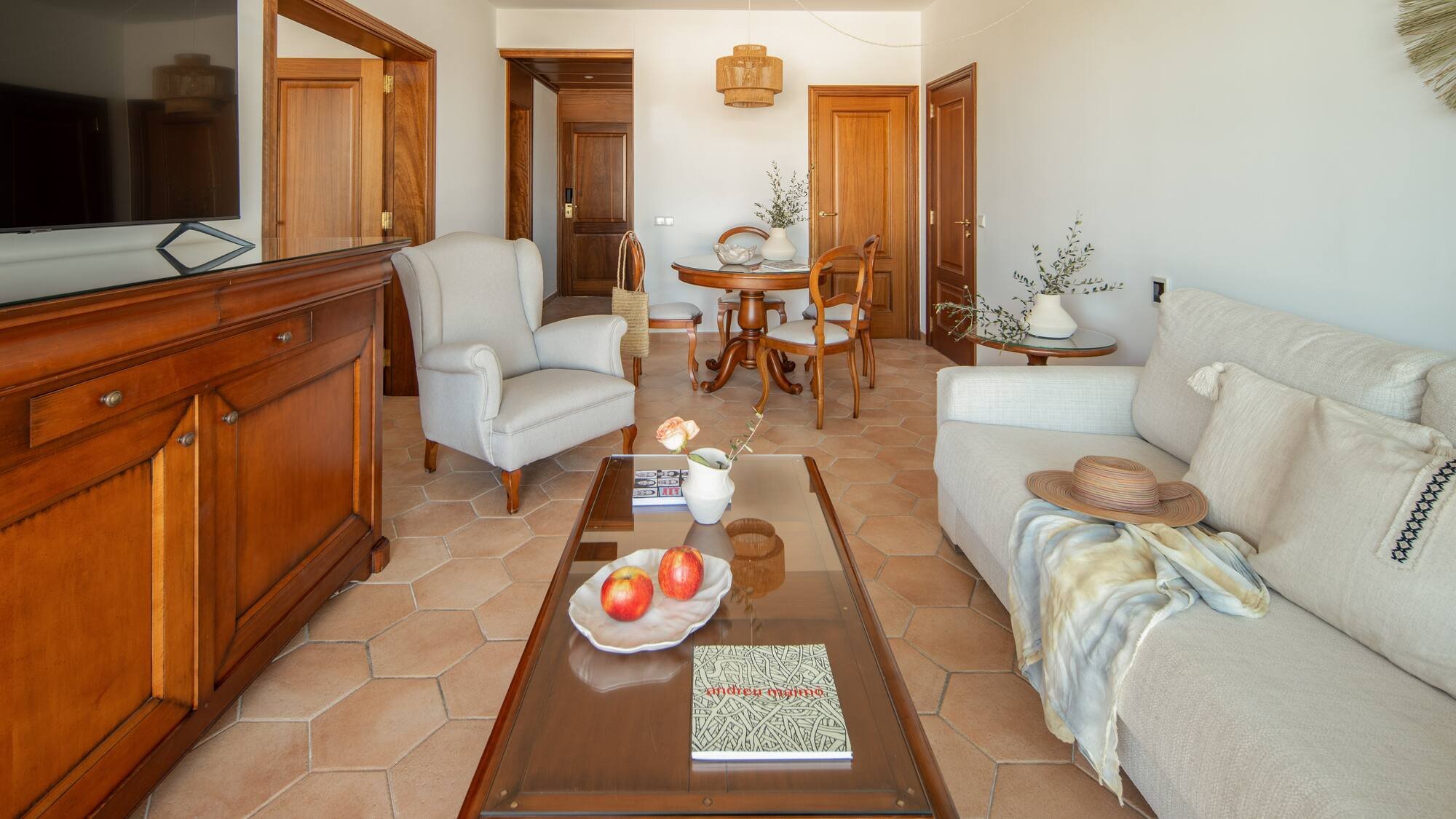 a living room with a coffee table and furniture
