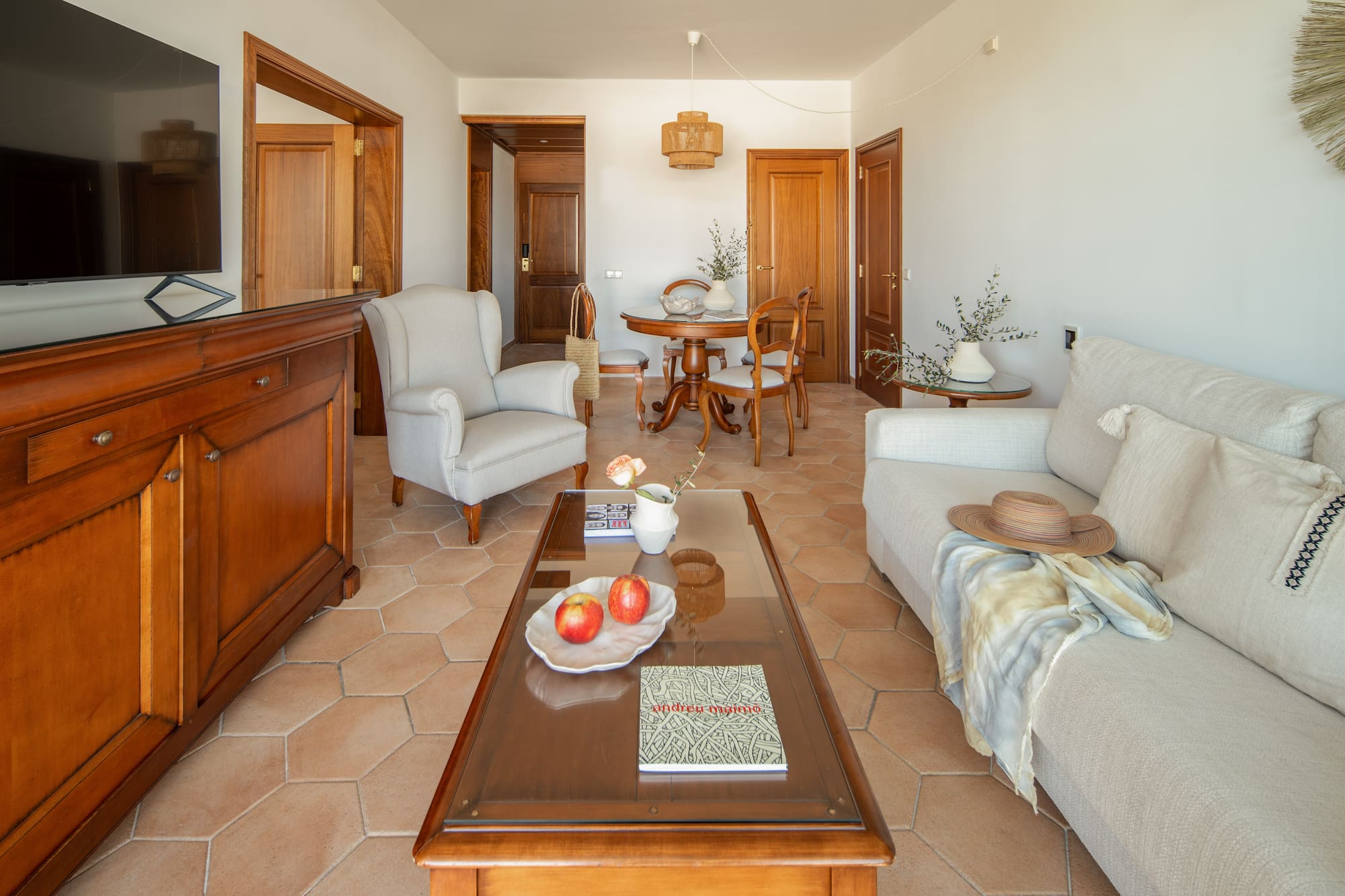 a living room with a coffee table and furniture