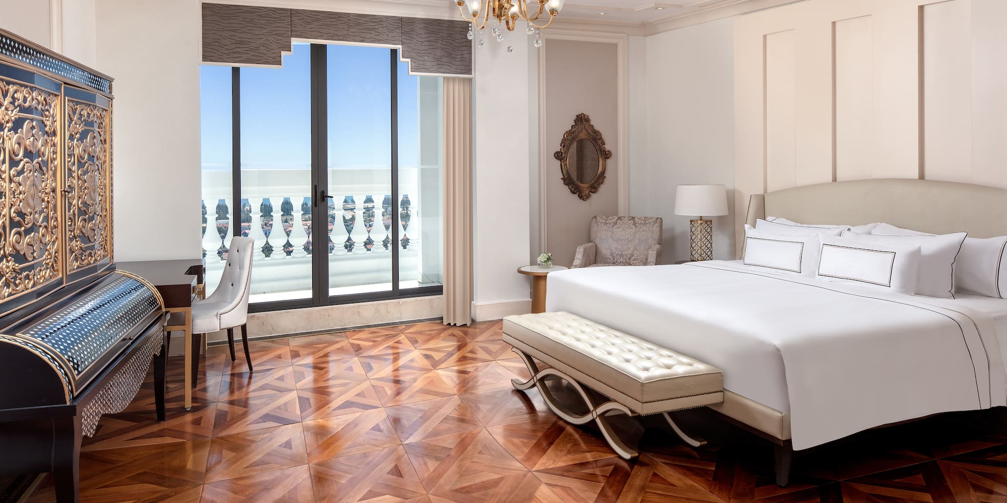 a bedroom with a bed and a table