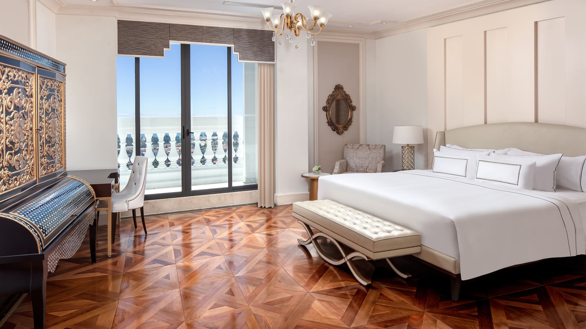 a bedroom with a bed and a table