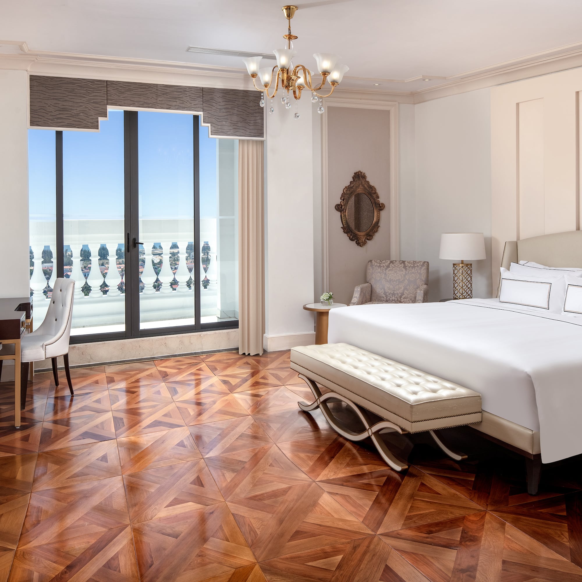 a bedroom with a bed and a table