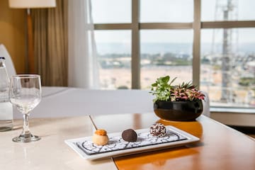 a plate of desserts on a table