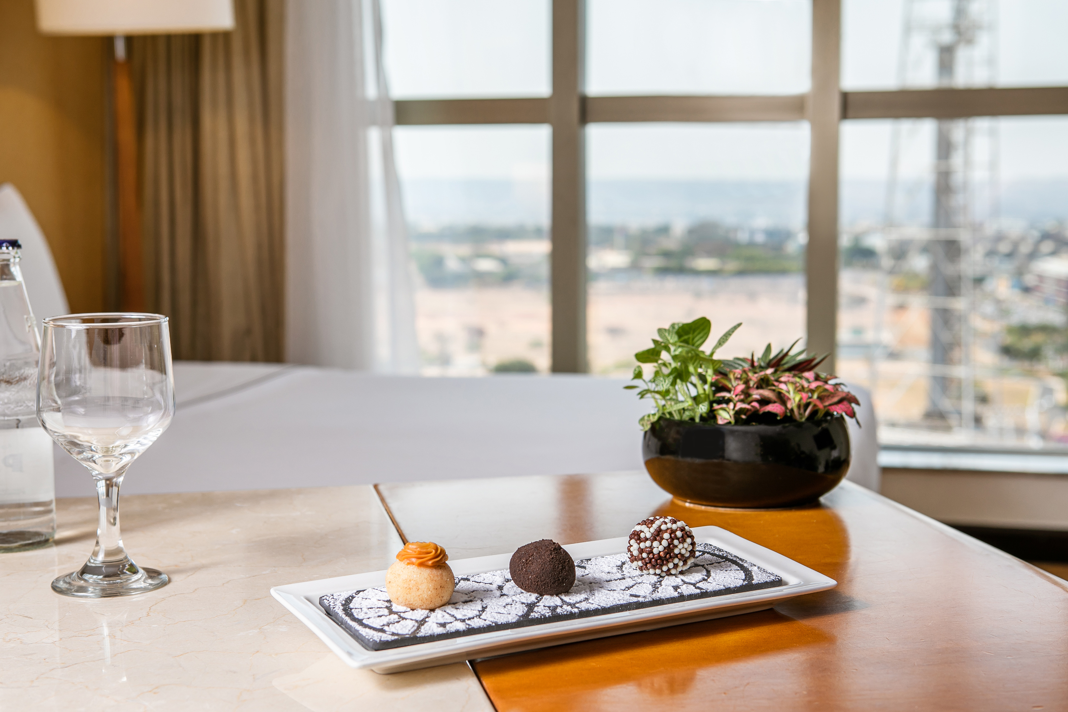 a plate of desserts on a table