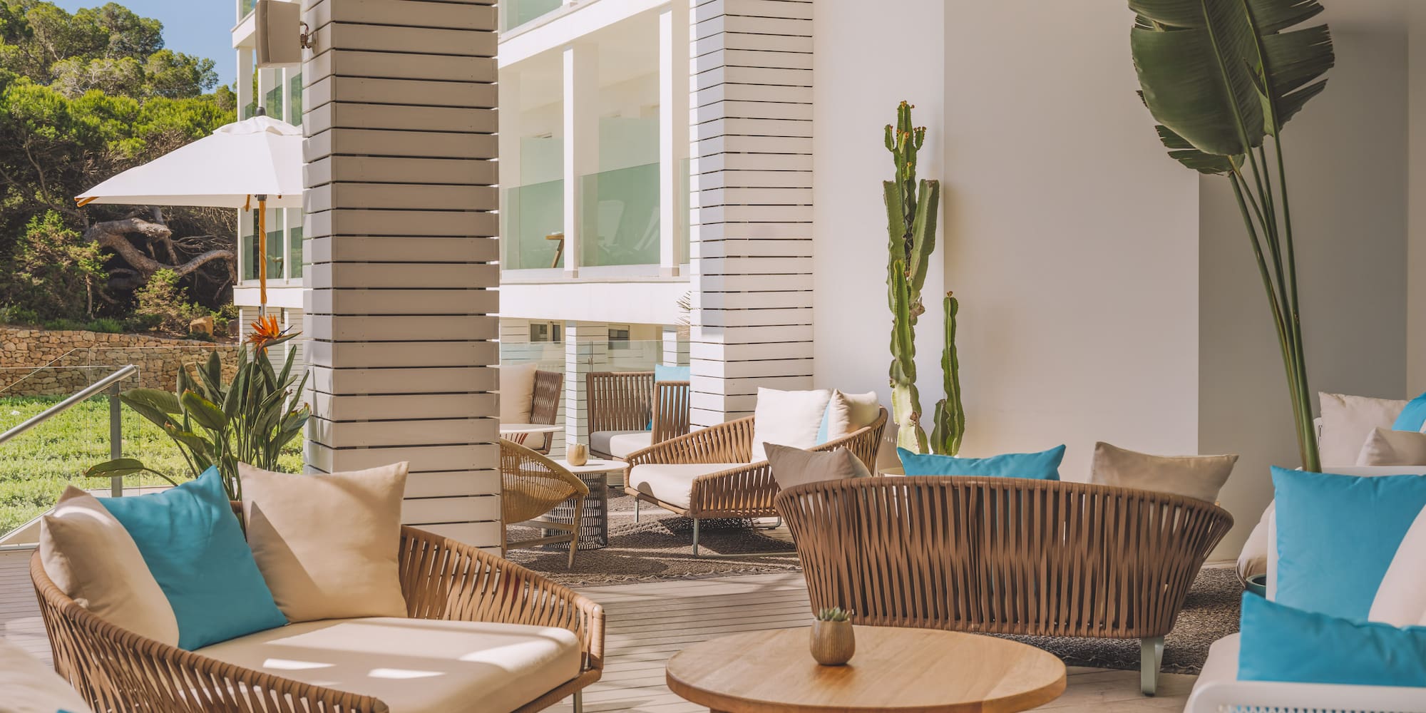 Modern resort outdoor lounge with woven chairs, blue cushions, and cacti.