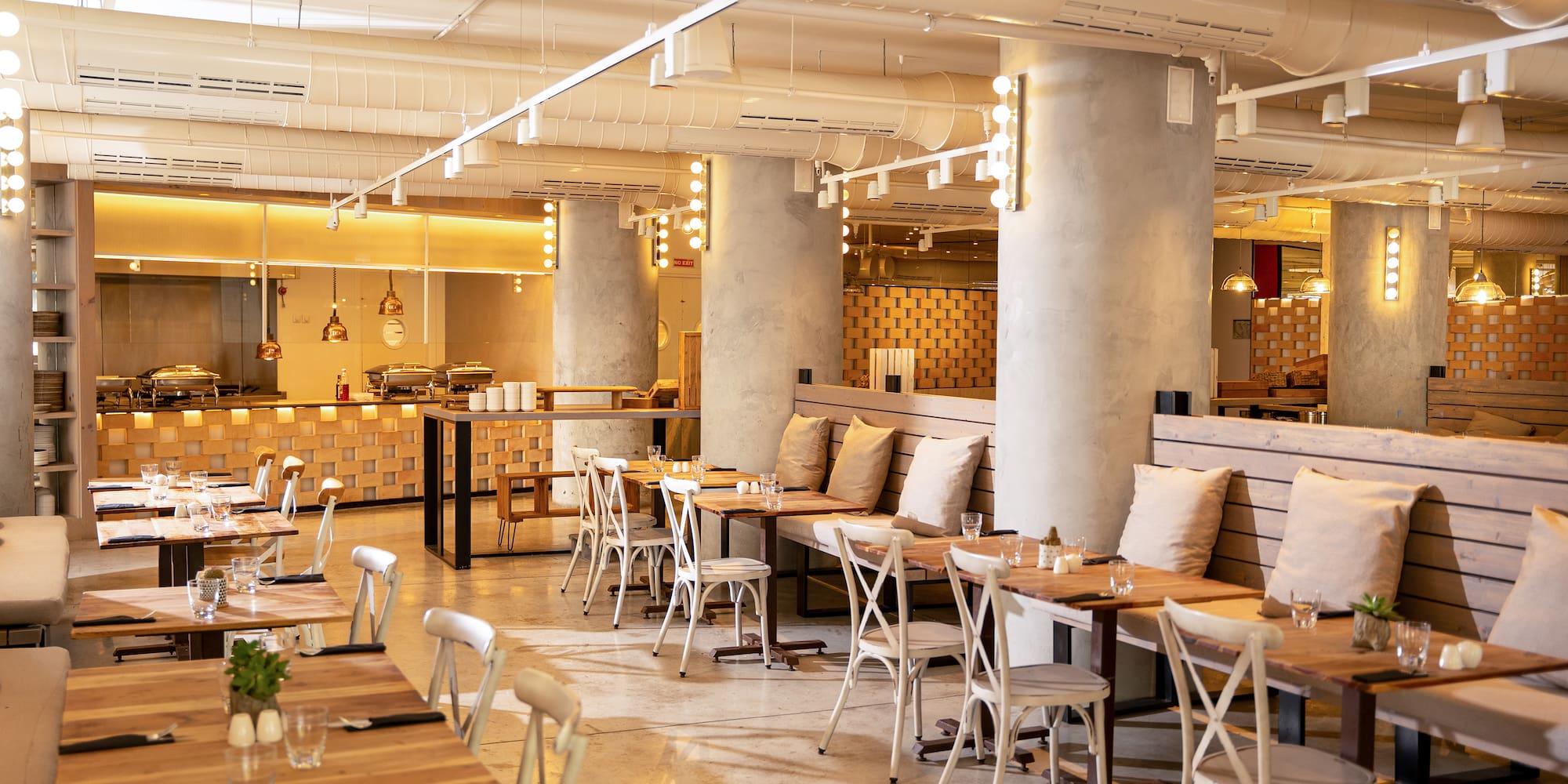 a room with tables and chairs