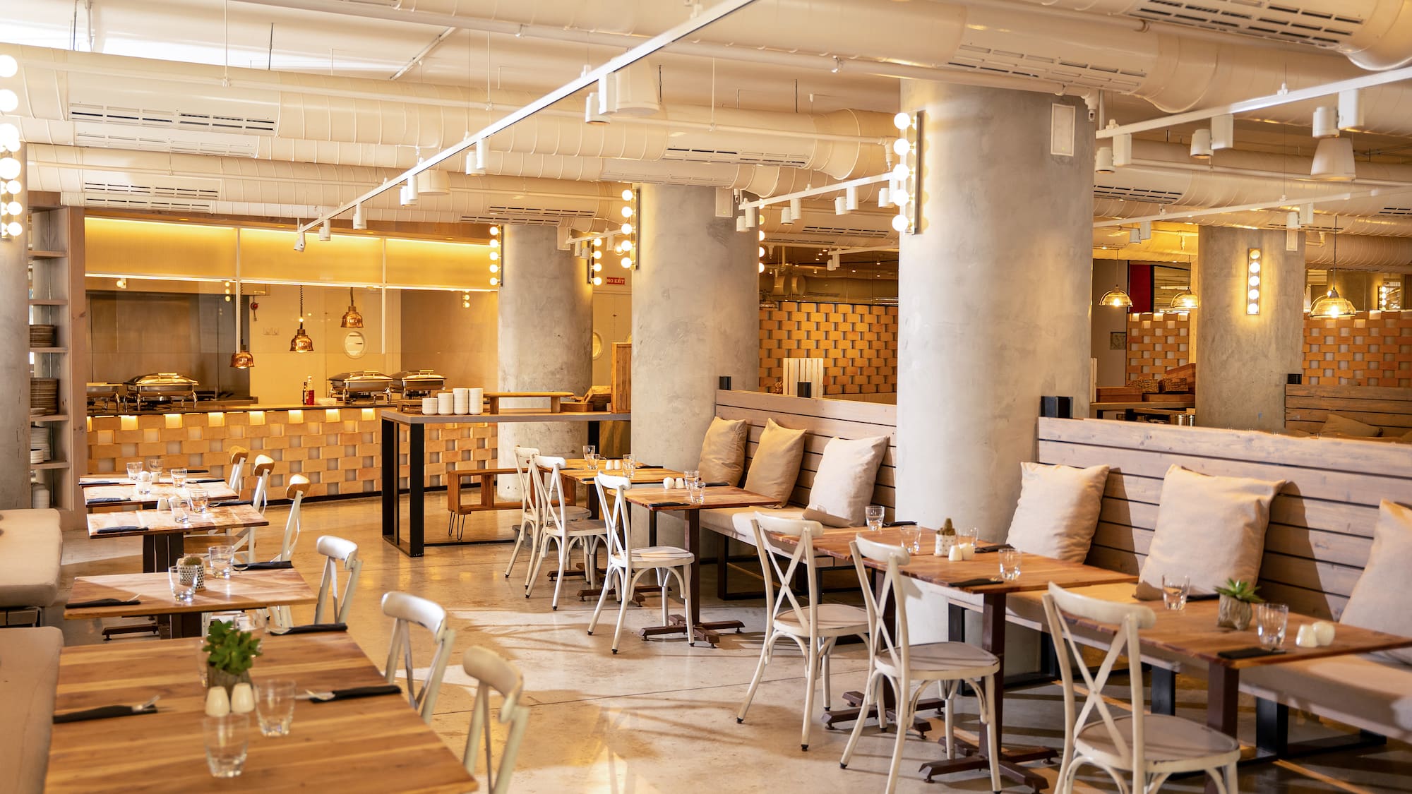 a room with tables and chairs