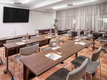 a room with tables and chairs