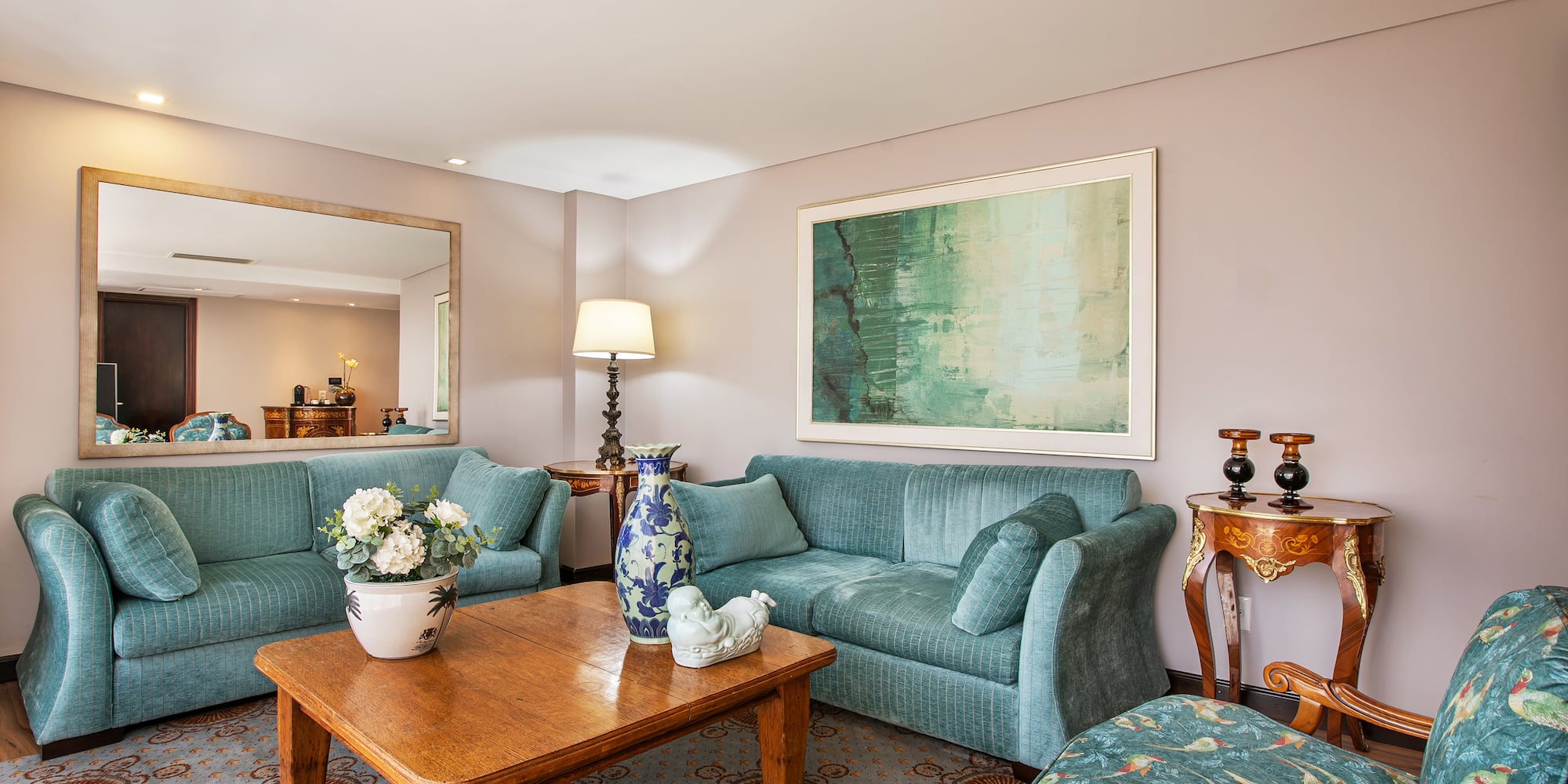 a living room with a couch and a coffee table