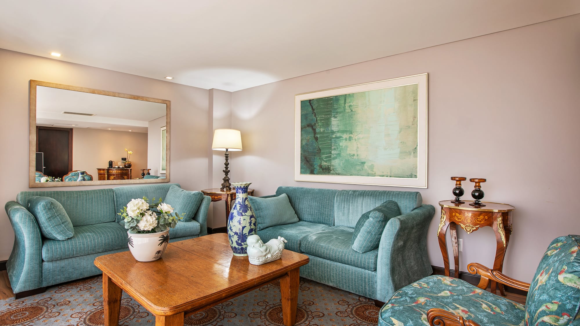a living room with a couch and a coffee table