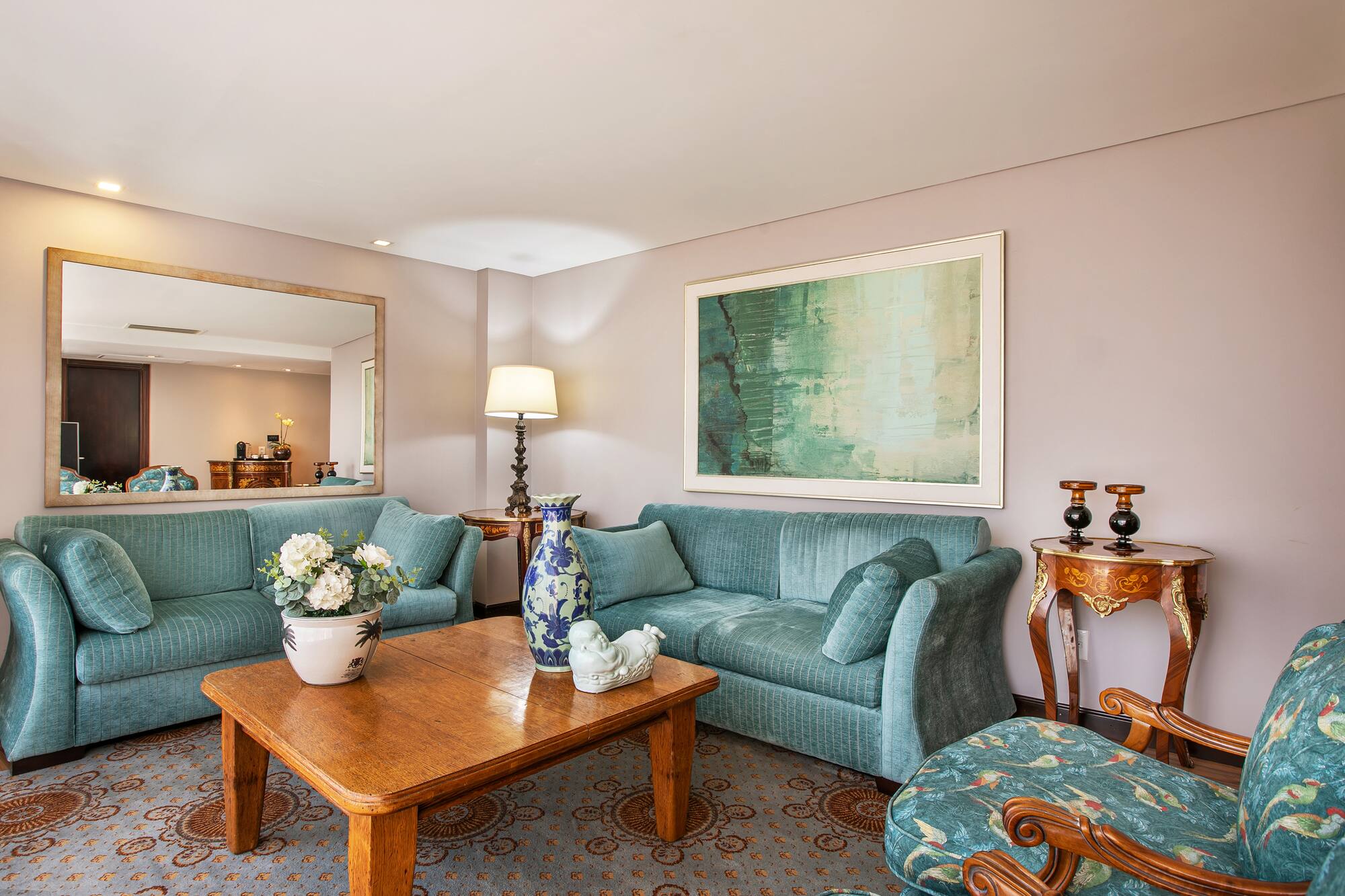 a living room with a couch and a coffee table