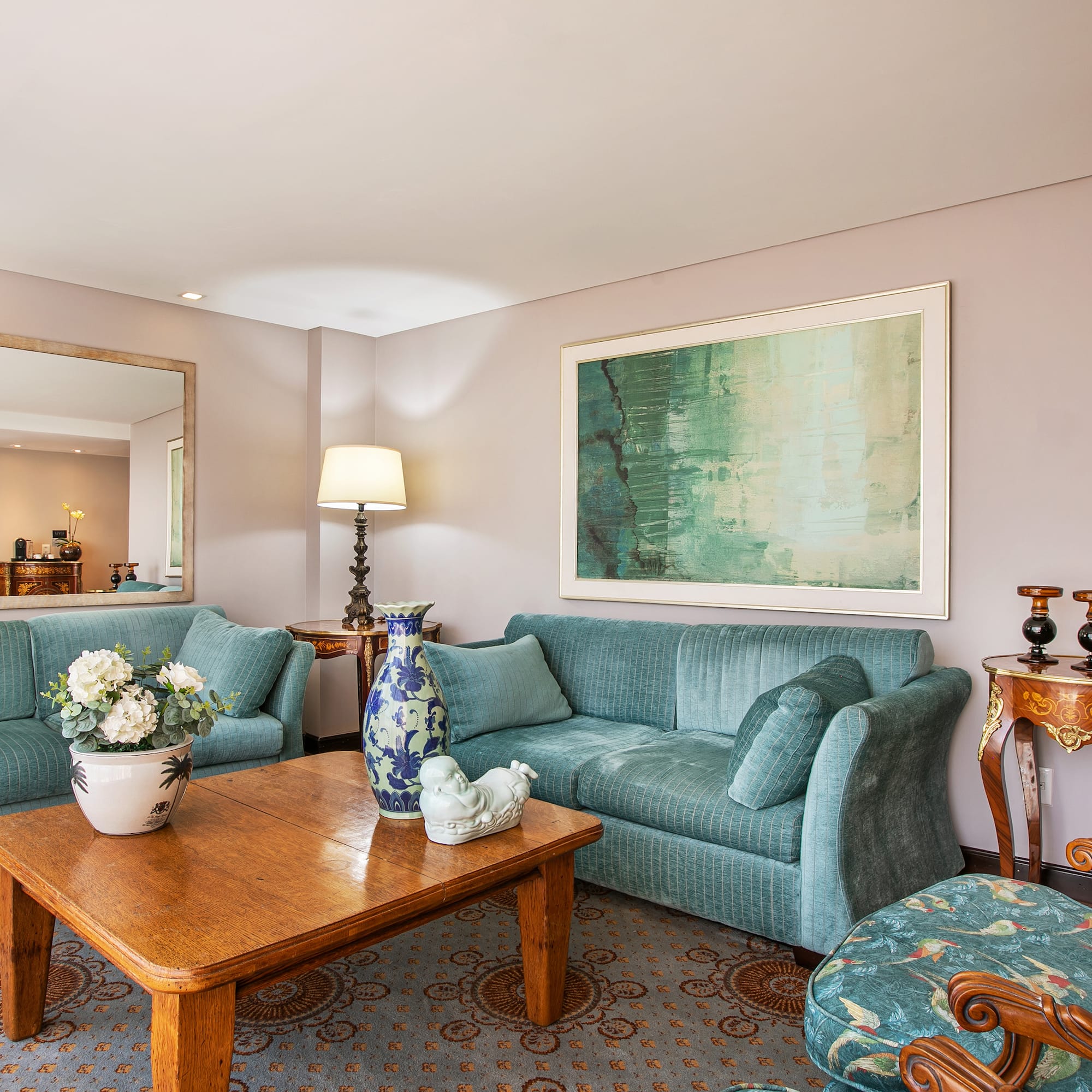 a living room with a couch and a coffee table
